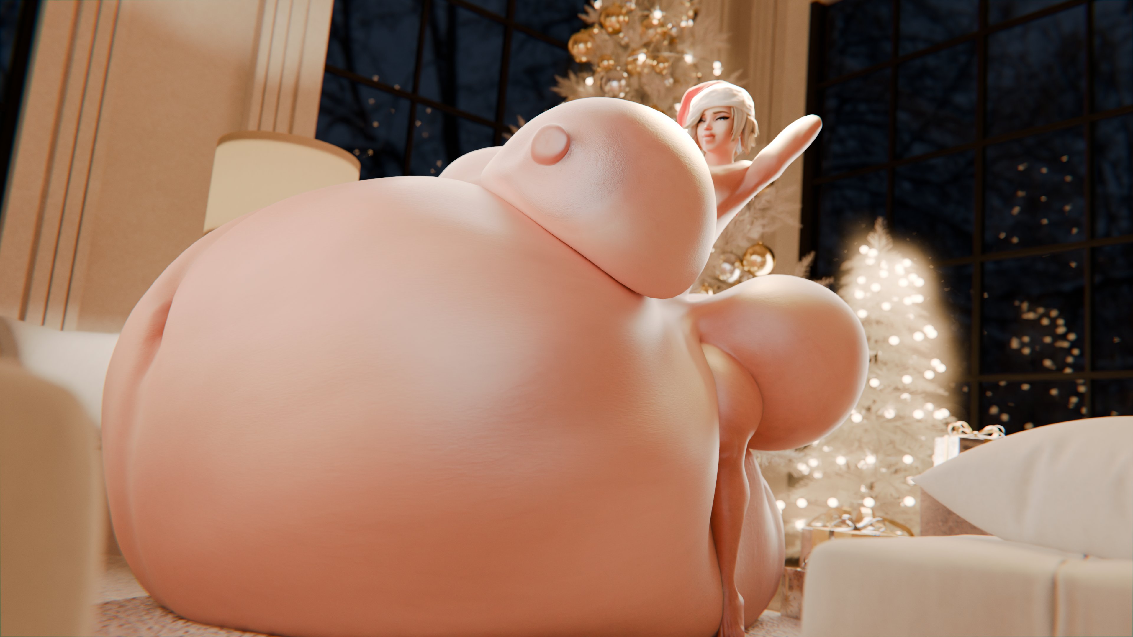 3d, christmas, hyper, hyper breasts, hyper pregnancy, knyaz, mercy, overwatch, pregnant, santa hat