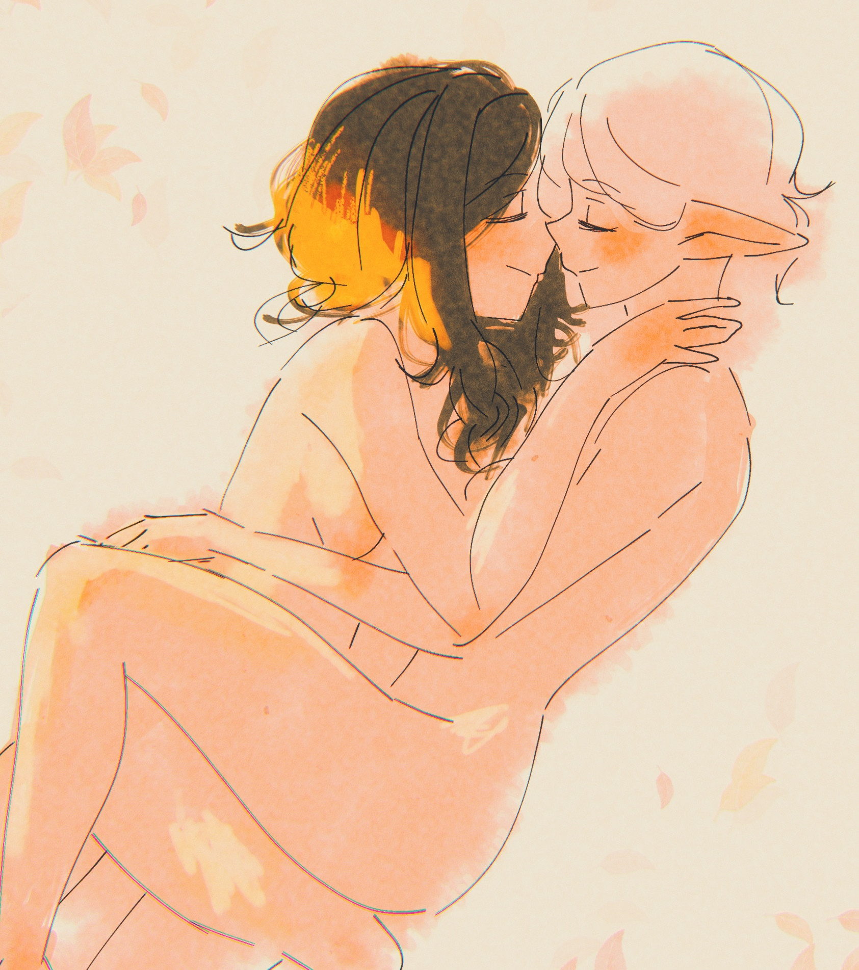 asimov (spindle (aidenr0)), brown hair, cuddling, nude, ottilie (spindle (aidenr0)), spindle (aidenr0), white hair, yuri