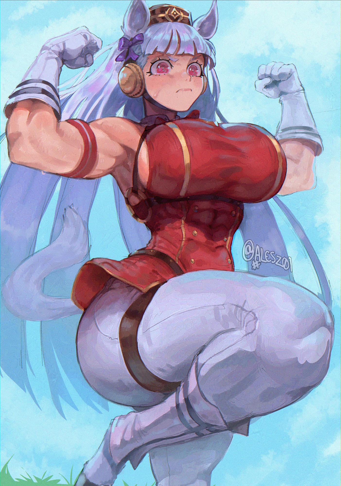 abs, al3s, alesz01, biceps, breasts, female, gold ship (umamusume), hair, large breasts, long hair, muscular arms, muscular female, umamusume, white hair