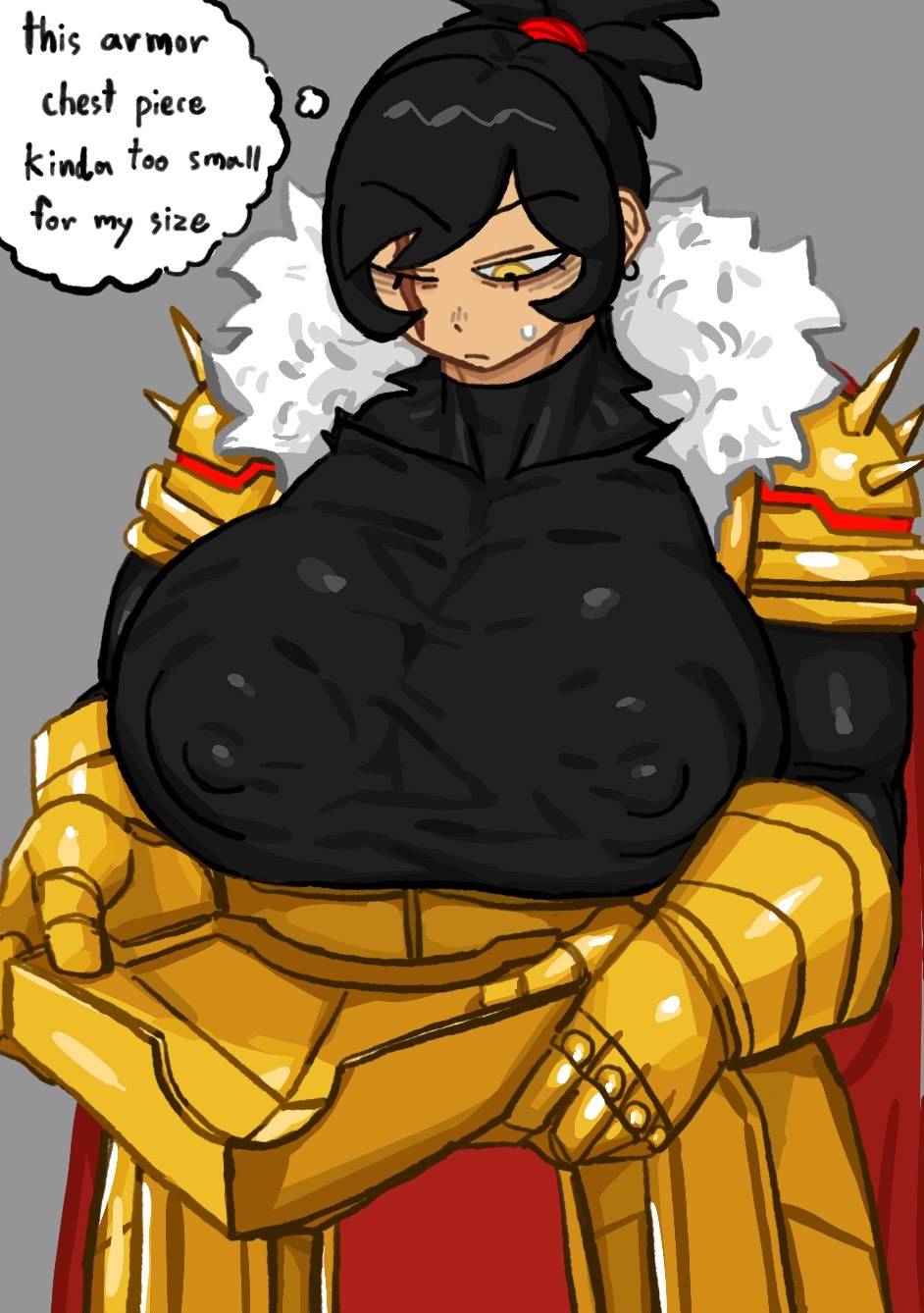 1girls, armor, armored, big breasts, black clothing, black hair, breasts, chestplate, clothed, elite golden juggernaut (tdx), english text, female, female only, golden juggernaut (tdx), holding object, inconvenient breasts, nipple bulge, roblox, roblox game, robloxian, scar, scar across eye, solo, tagme, text, thought bubble, tower defense x, trophimos, yellow eyes