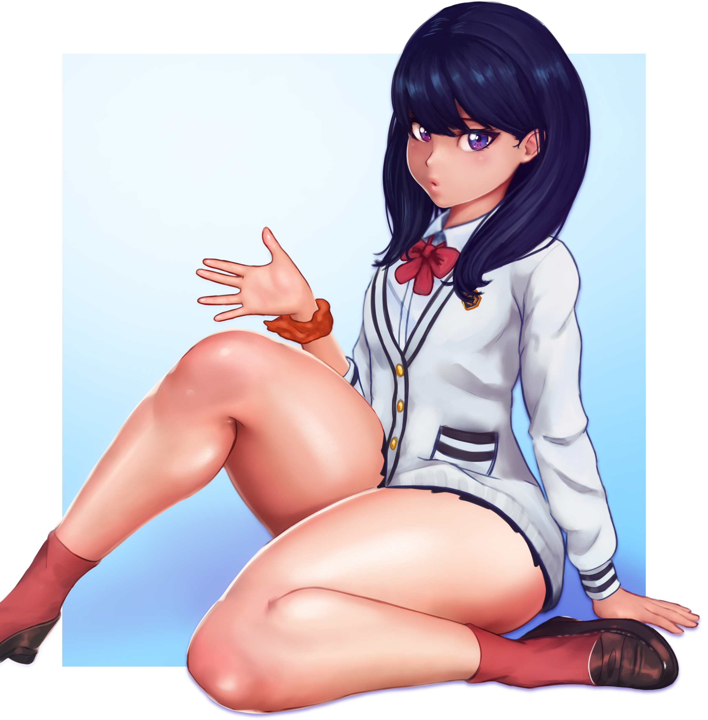 1girls, aethosart, ass, bangs, blue eyes, blue hair, female, female only, legs, microskirt, miniskirt, school uniform, skirt, solo, ssss.gridman, takarada rikka, thick thighs, thighs, uniform