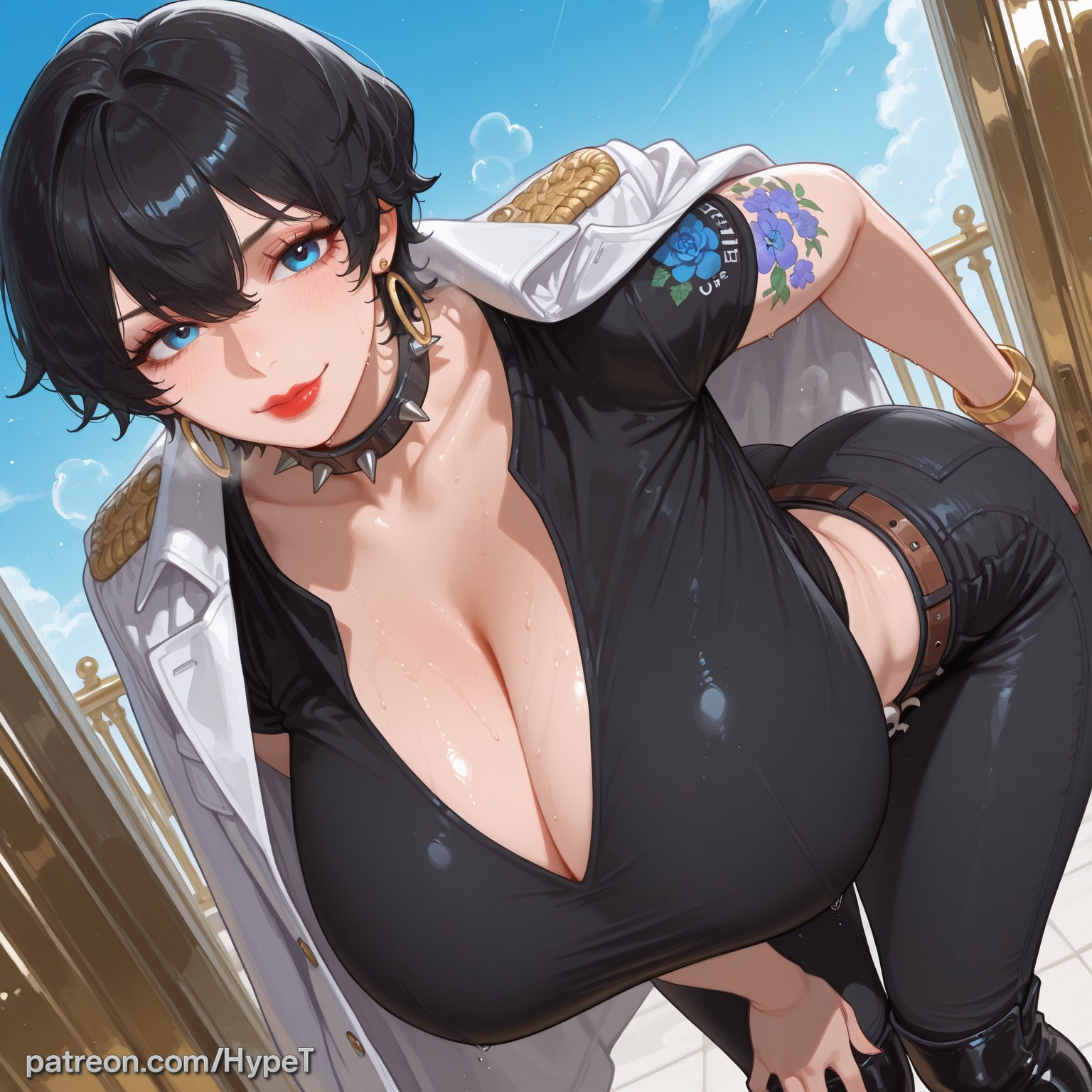 ai generated, alternate version at source, big ass, big breasts, big butt, black hair, blue eyes, doll (one piece), female, female only, gothic, hypet, leaning forward, lipstick, one piece, outdoors, pants, shiny, shiny skin, short hair, steam, steaming body, tagme, thick, thick ass, thick hips, thick legs, thick thighs, thighs, tomboy, tomboyish, wide hips