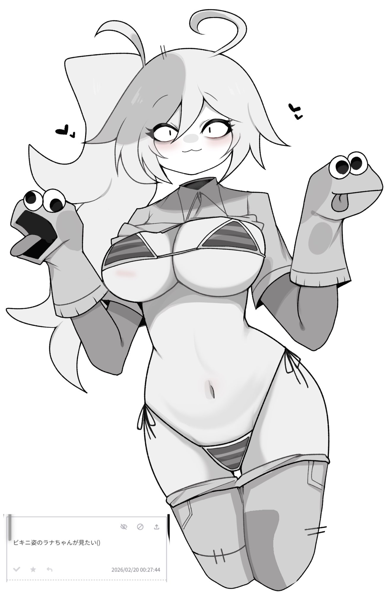 barely clothed, beni imo, bikini, bikini bottom, bikini top, blush, breasts, clothing, female, female focus, female only, fundamental paper education, lana (fundamental paper education), long hair, looking at viewer, partially clothed, solo, solo female, solo focus, thighhighs, thighs