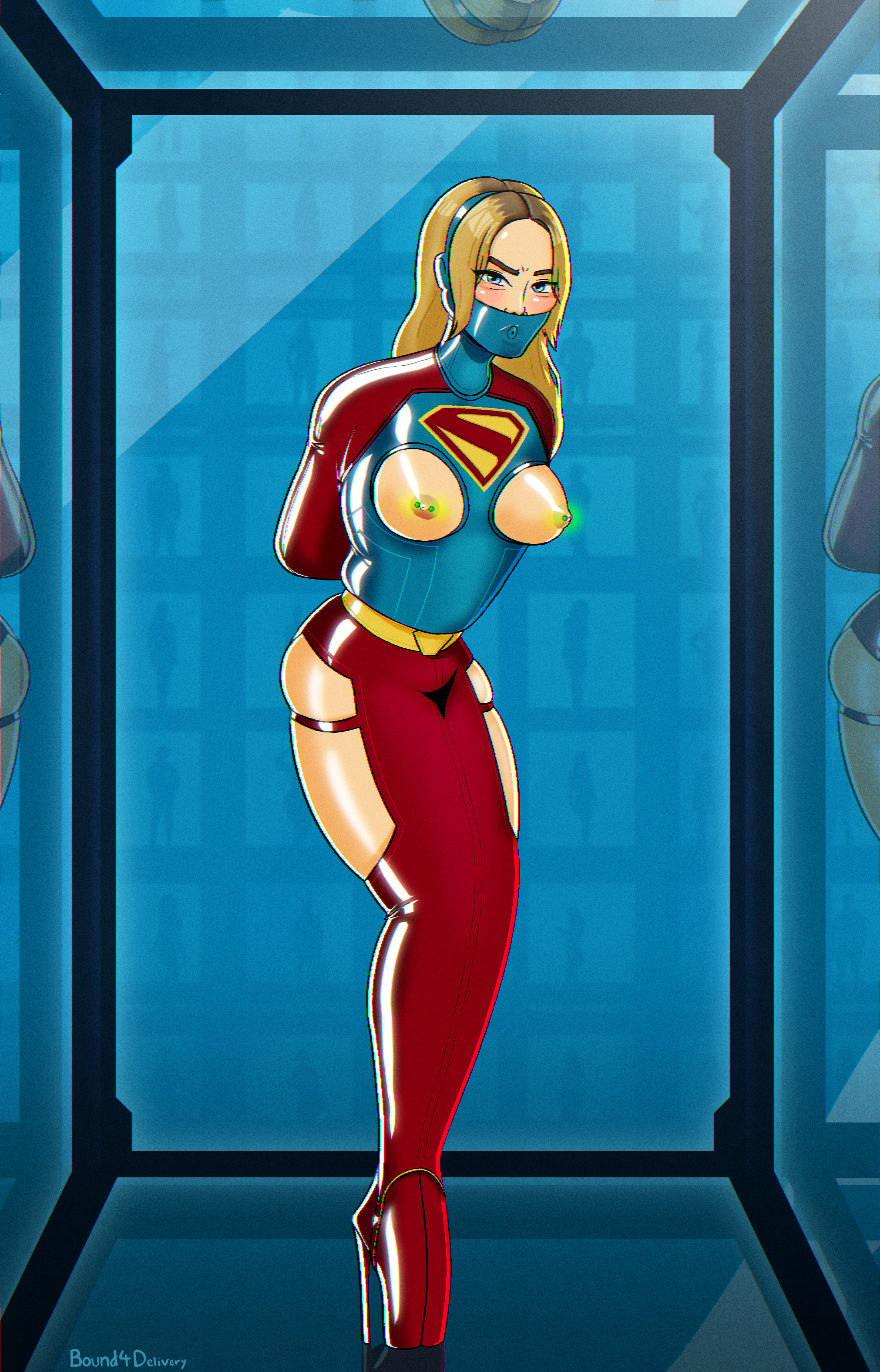 1girls, armbinder, arms behind back, ballet boots, ballet heels, blonde hair, blue clothing, bondage, bound, bound arms, bound4delivery, boxbinder, collar, dc comics, dcu, female, female only, femsub, gag, gagged, high heels, hobble dress, hobble skirt, imprisoned, kryptonite, nipple piercing, piercing, posture collar, red clothing, supergirl, supergirl (dcu), superheroine, superman (2025), superman (series), very high heels