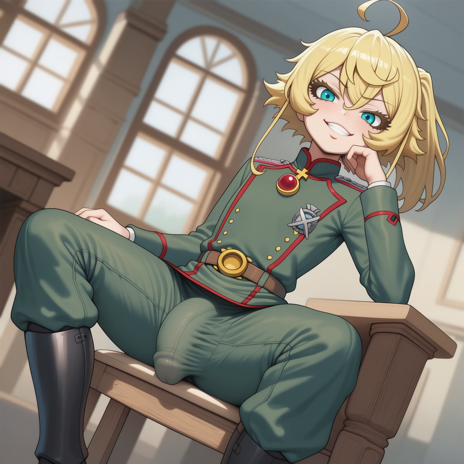 ai generated, blonde hair, blue eyes, boots, bulge, bulge under clothes, futanari, grin, large penis, looking at viewer, medium hair, military uniform, penis under clothes, sitting, small breasts, smug, tanya degurechaff, vinivini art, yellow hair