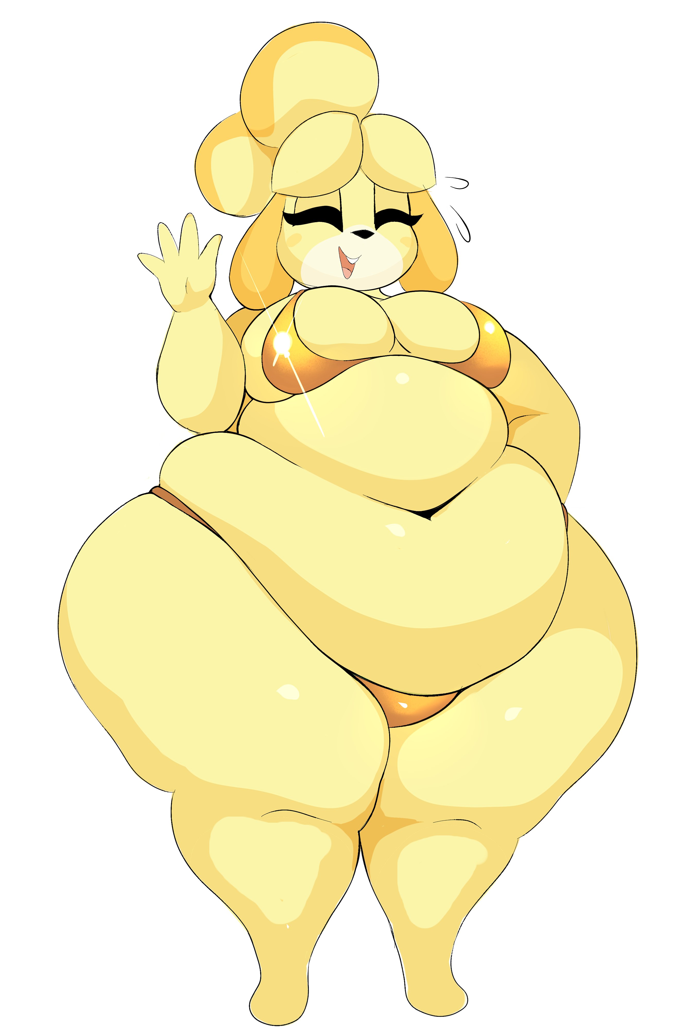 1girls, animal crossing, arizonathevixen, bikini, bikini bottom, bikini only, bikini top, bottom, dog, dog ears, dog girl, fat, fat ass, fat belly, fat female, fat thighs, female, female only, gold bikini, golden bikini, golden week, golden week bikini, happy, happy female, isabelle (animal crossing), nintendo, obese, obese anthro, obese female, overweight, overweight female, shih tzu, summer, thick, thick ass, thick thighs, thighs, thighs bigger than head, waving, yellow, yellow body, yellow fur, yellow hair, yellow skin