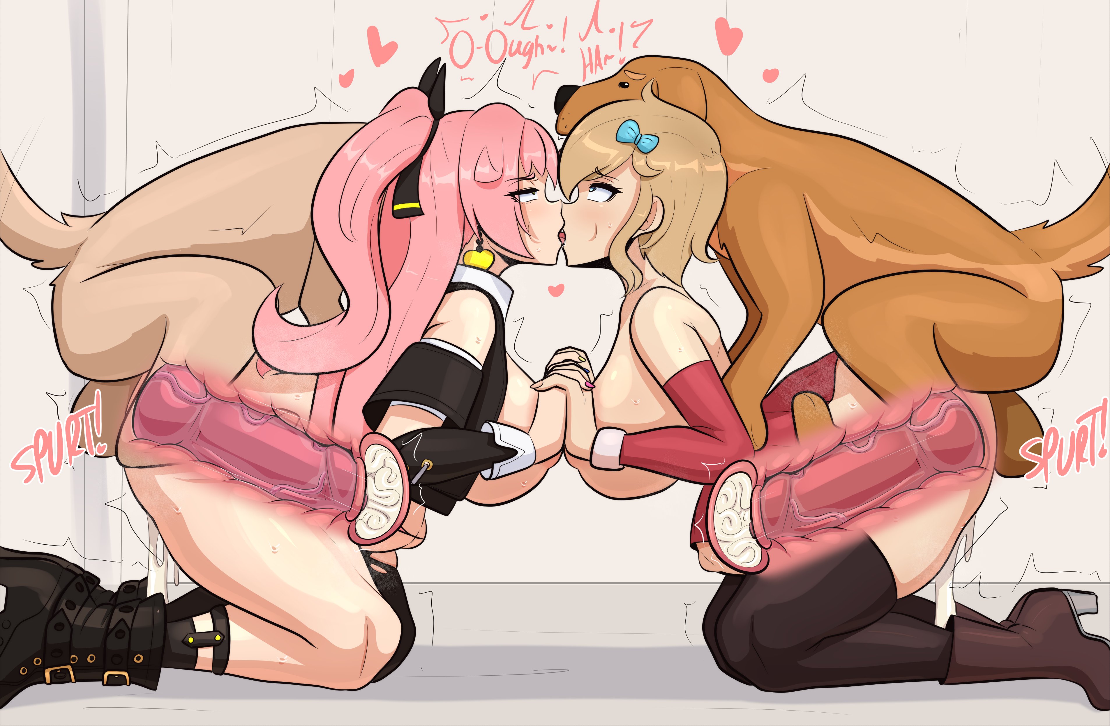 2animals, 2boys, 2girls, animal genitalia, animal penis, bestiality, blonde hair, dog, domestic dog, feral, feral on female, feral on human, feral penetrating, hoyoverse, kinathefox, kissing, kissing while penetrated, light skin, light-skinned female, long hair, mihoyo, mihoyo technology (shanghai) co. ltd., nicole demara, original character, pink hair, sex, side view, straight, zenless zone zero, zoophilia