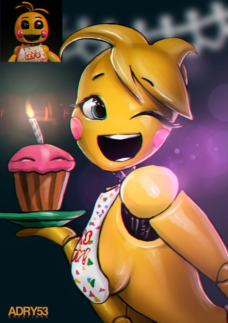 adry53 bib cupcake_(fnaf) five_nights_at_freddy's five_nights_at_freddy's_2 open_mouth robot robot_girl sideboob small_breasts smile toy_chica_(fnaf)