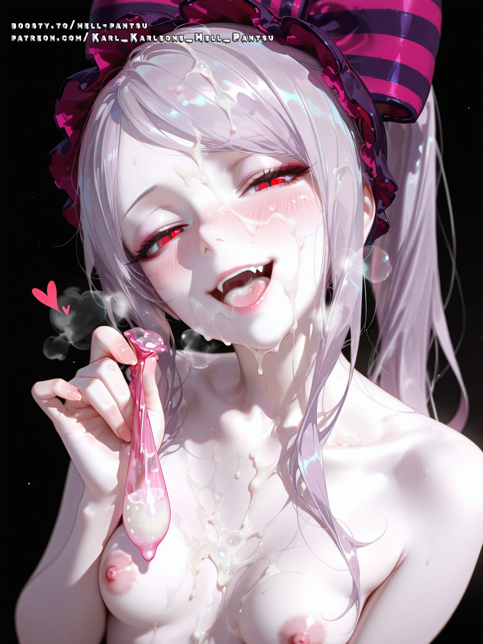 ai female, ai generated, breasts, color, colored, cum, cum on body, cum on breasts, cum on face, fangs, female, female only, hell-pantsu, hi res, overlord (maruyama), pale skin, red eyes, shalltear bloodfallen, small breasts, vampire, vampire girl, white hair
