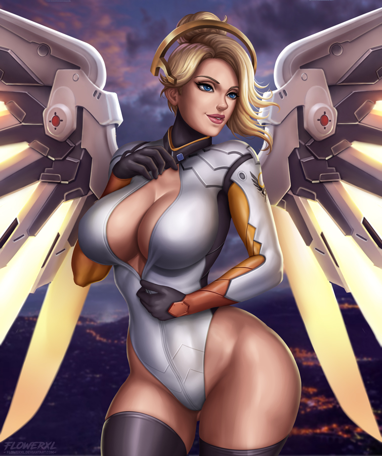 big breasts, blonde hair, blue eyes, bodysuit, breasts, cleavage, female, female only, flowerxl, large breasts, mercy, overwatch, solo, thighhighs