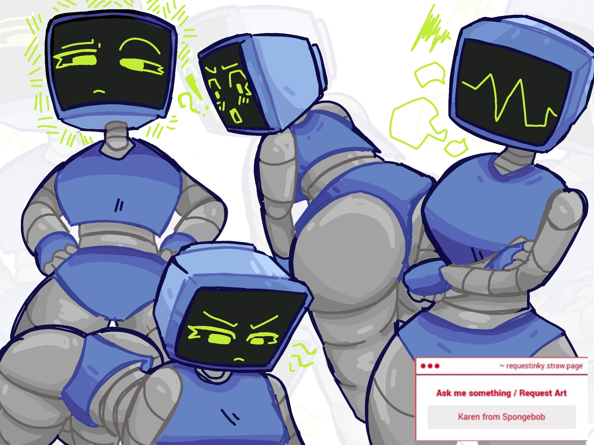 1girl, ass, ass focus, blue body, cartoon, female, green eyes, inkzan, karen plankton, robot, robot female, robot girl, screen face, sexy, sexy body, sexy pose, spongebob squarepants, suggestive, thick thighs, thighs, tv, tv head, tv screen