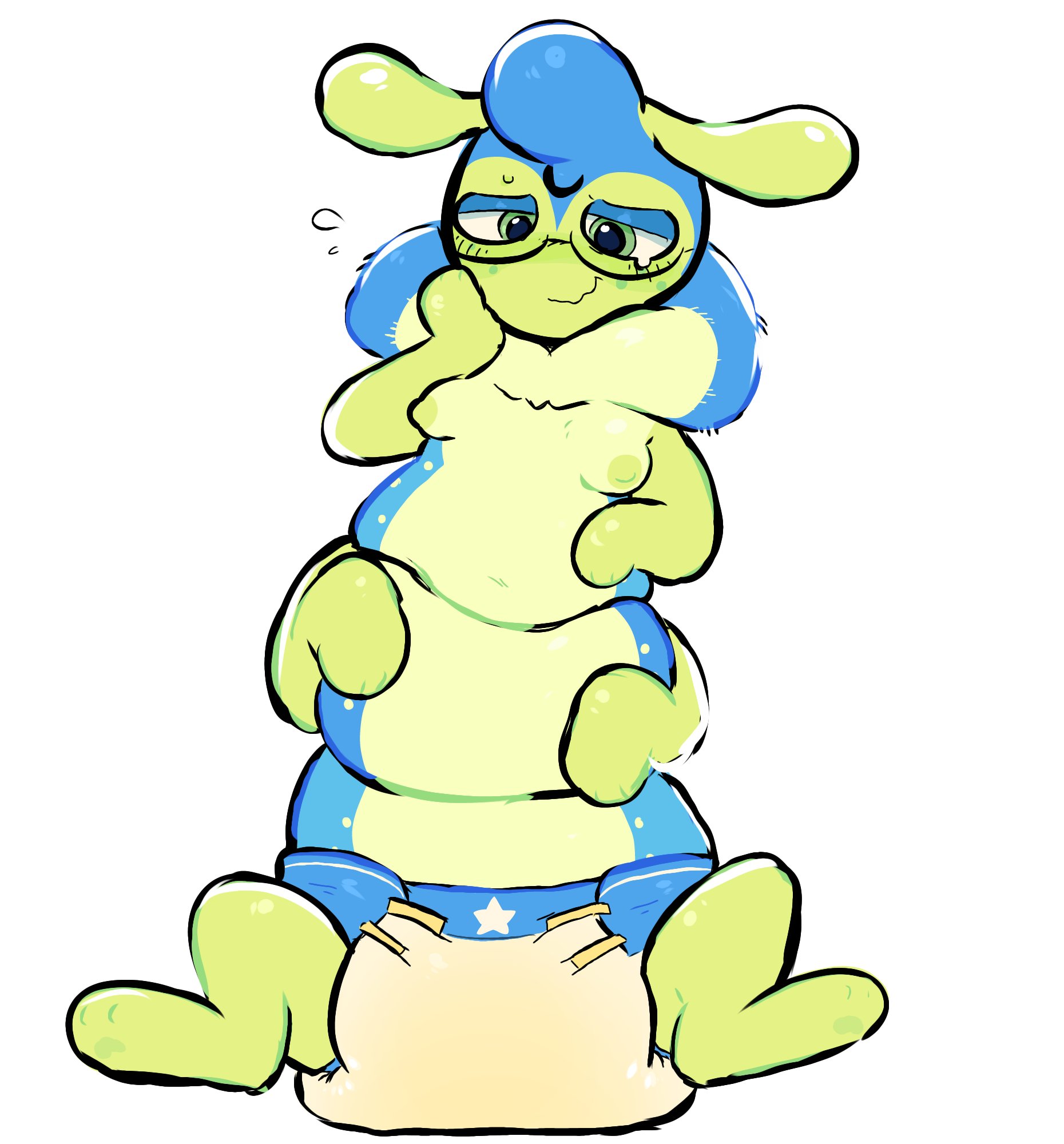 1boy, abdl, ambiguous gender, antennae, antennae (anatomy), anthro, anthro bug, anthro insect, anthro male, anthro only, anthro solo, belly, blue body, blue eyelids, breasts, bug, caterpillar, chubby, chubby anthro, chubby male, dandy's world, diaper, diaper fetish, diaper only, digital media (artwork), fetish, flying sweatdrops, furry, furry male, furry only, furry solo, glasses, green antennae, green arms, green body, green eyes, green eyes male, green face, green legs, gynecomastia, hair tuft, insects, jpeg, lidded eyes, male, male anthro, male breasts, male furry, male nipples, male only, male with breasts, multi limb, multiple legs, nipples, no human, no humans, no visible genitalia, no-human, non-human, non-human only, only furry, only male, overweight, overweight male, paw pads, pawpads, paws, peeing, plain background, questionable, simple background, slightly chubby, slightly chubby anthro, slightly chubby male, small breasts, smile, smiling, solo, solo anthro, solo furry, solo male, squirm (dandy's world), stomach, tear, ticklesyourfeet, urine, video games, wet diaper, wetting, wetting diaper, white background