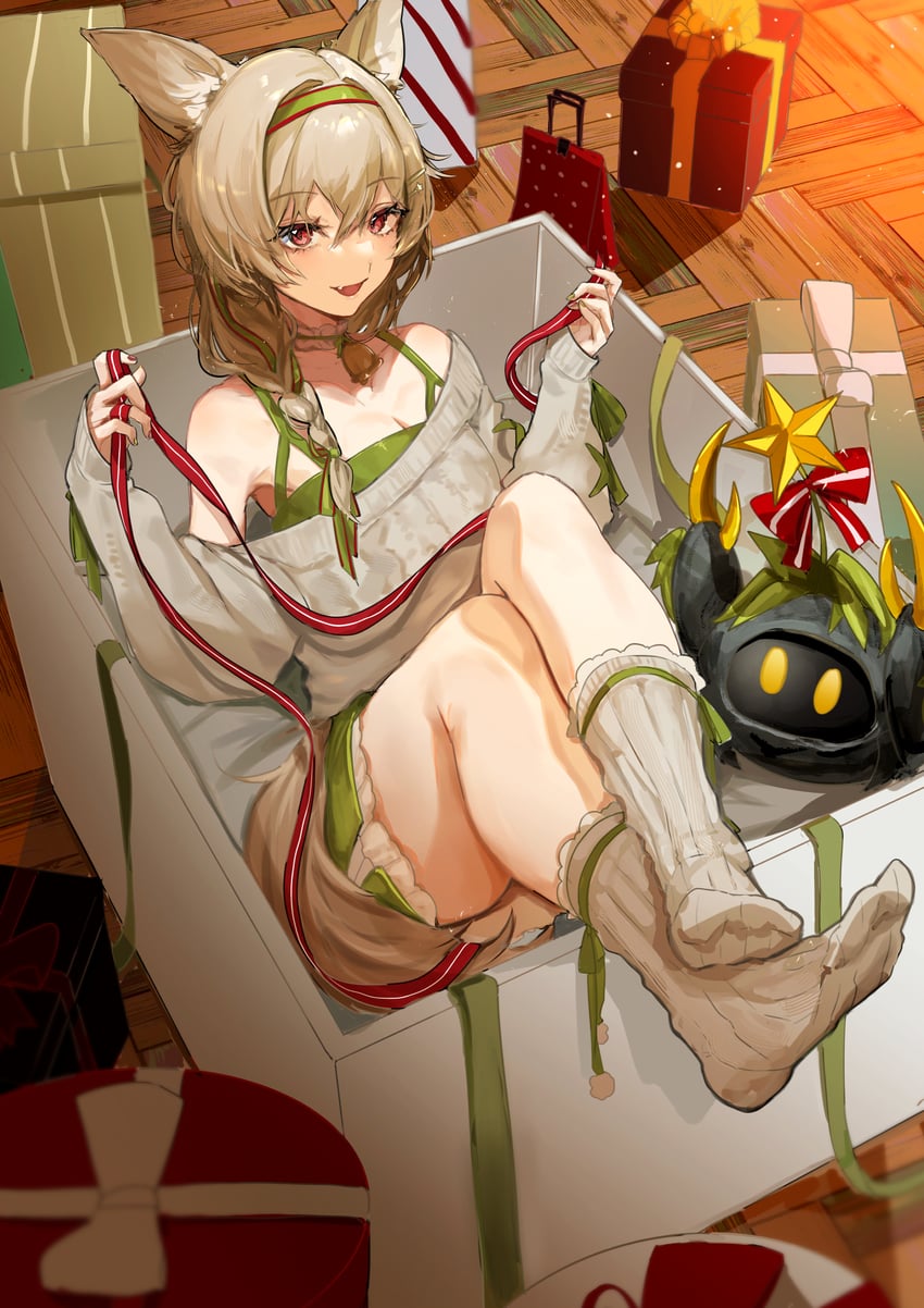 1girls, animal ear fluff, animal ears, arknights, artist request, beanstalk (arknights), beanstalk (gift uncompleted) (arknights), belt, box, braid, brown hair, christmas, fangs, feet, female, gift, legs, long hair, long sleeves, looking at viewer, neck bell, off shoulder, presents, red eyes, red ribbon, ribbon, smile, socks, sweater