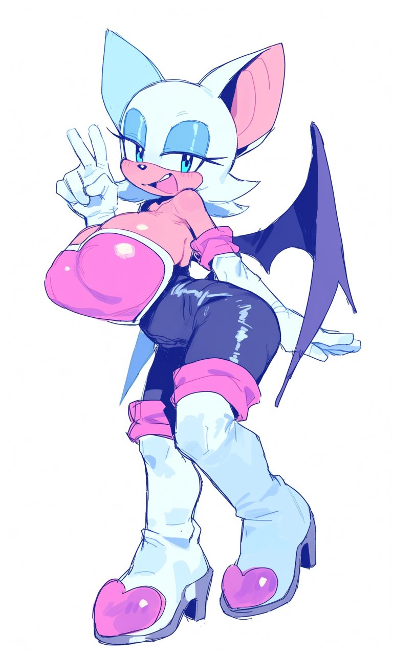 1girls, animal ears, bare shoulders, bat ears, bat wings, big ass, big breasts, blue eyes, boots, breasts, elbow gloves, eyeshadow, full body, furry, gloves, heart, high heel boots, high heels, large breasts, makeup, open mouth, rouge the bat, simple background, smile, solo, sonic (series), sonic the hedgehog (series), standing, thigh boots, thighhighs, v, white gloves, wings