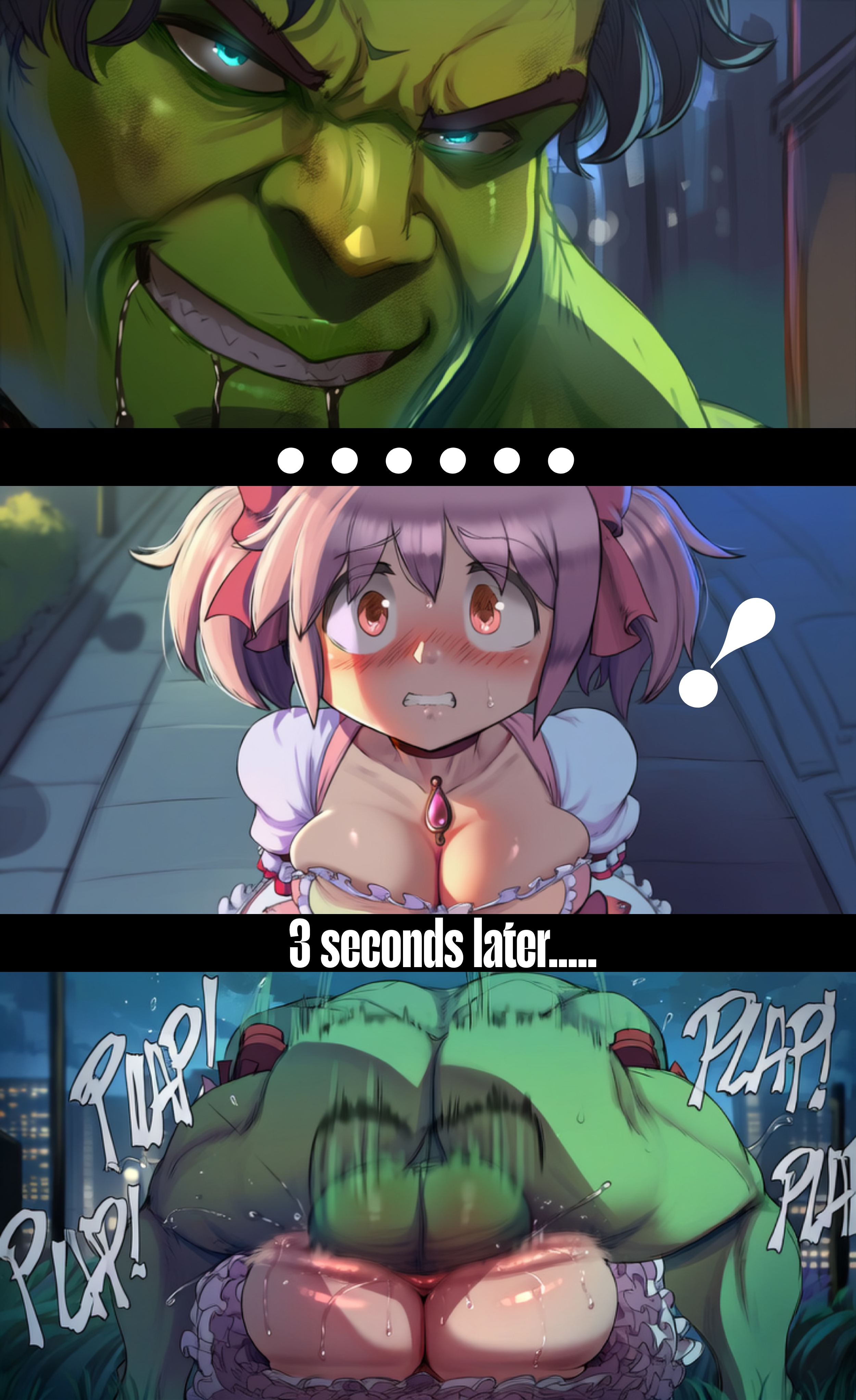 1boy, 1girl, aged up, ai generated, before and after, before sex, big boobs, big breasts, clapping ass, clapping buttocks, clapping cheeks, cleavage, cleavage overflow, clothed female nude male, clothed sex, crossover, crossover sex, defeated, defeated heroine, defeated with sex, domi, dominant, dominant male, domination, drooling, eastern and western character, exclamation point, from above, fucked, fucked into submission, green skin, grin, grinding, huge ass, huge butt, hulk, instant loss, instant loss 2koma, large breasts, madoka kaname, magical girl, mahou shoujo madoka magica, marvel, marvel comics, mating press, meme, meme reference, multiple images, muscular, muscular male, night, raped, raped superheroine, rough sex, scared, size difference, straight, sudden insertion, sudden realization, text, twintails