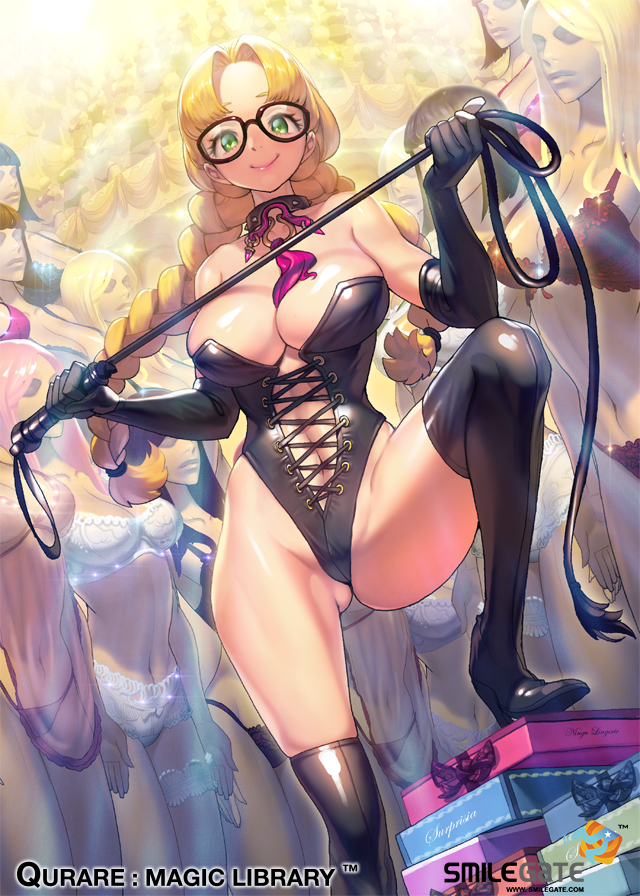 1girls, aristotle (qurare), big breasts, black legwear, blonde hair, boots, braided hair, braids, breasts, dominatrix, elbow gloves, female, femdom, glasses, gloves, green eyes, latex gloves, leather boots, leather gloves, leather legwear, ningu, qurare: magic library, thick thighs, thigh boots, whip