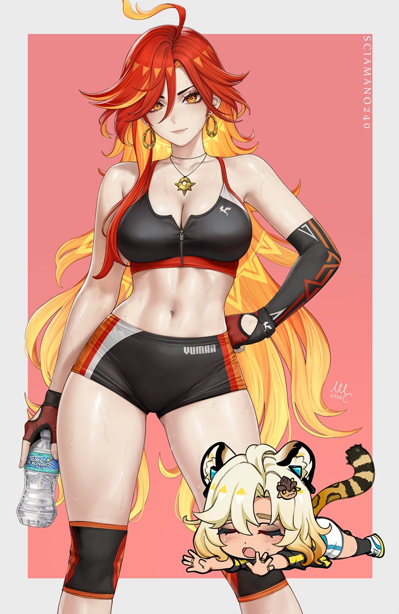 2girls, bottle, cat ears, cat tail, closed eyes, closed mouth, female, female only, genshin impact, ginger female, ginger hair, gym clothes, hoyoverse, long hair, looking at viewer, mavuika (genshin impact), mirco cabbia, natlan girls, open mouth, red eyes, sciamano240, short hair, smile, smiling, smiling at viewer, xilonen (genshin impact)