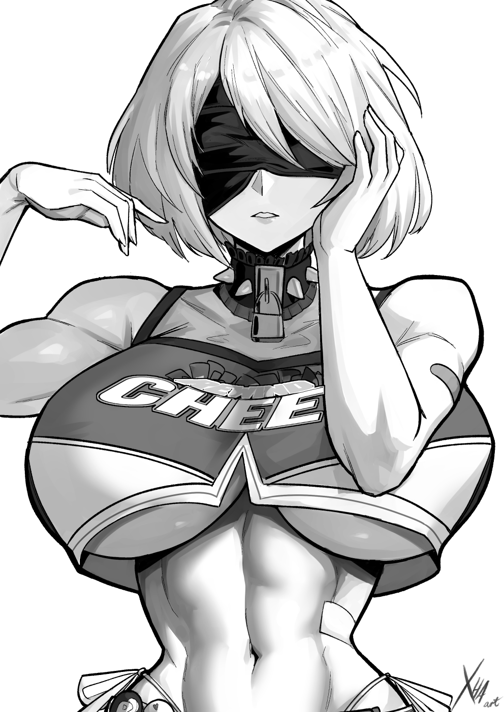 1girls, abs, alternate version available, bandages, bay (nikke), bay (nikke) (cosplay), big breasts, blindfold, breasts, cheerleader, cheerleader uniform, choker, cosplay, crossover, eyes covered, female, female only, goddess of victory: nikke, hourglass figure, huge breasts, large breasts, light skin, light-skinned female, medium hair, midriff, monochrome, muscular female, navel, nier, nier (series), nier: automata, outfitswap, short hair, underboob, wide hips, xhaart, yorha 2b