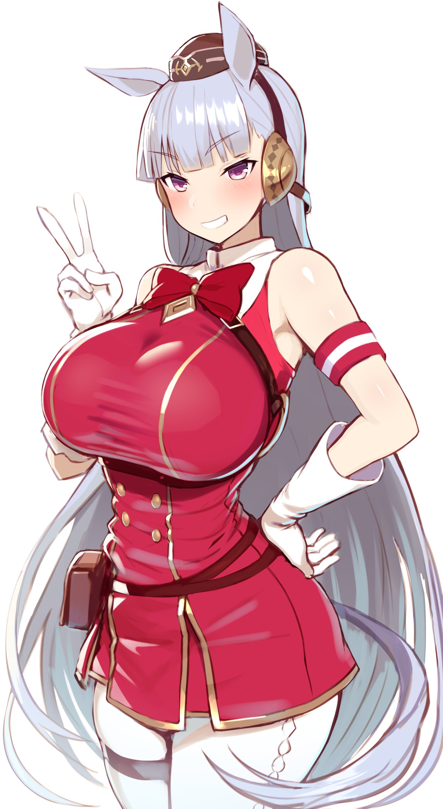 1girls, artist request, breasts, female, female only, gold ship (umamusume), hair, horse girl, huge breasts, long hair, looking at viewer, sfw, smile, solo, umamusume, white hair