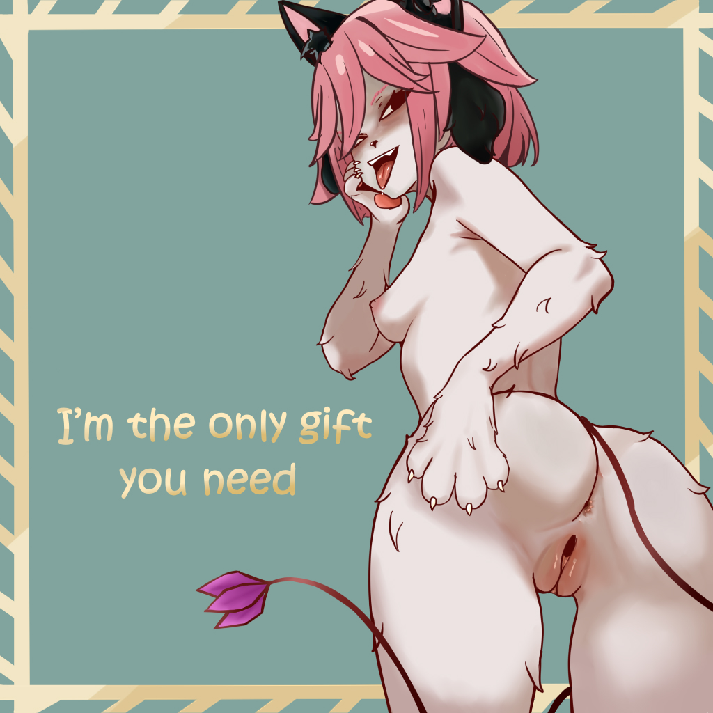 anthro, anus, aroused, artlongon, ass, black cat ears, black tail, blush, breasts, cat ears, cat girl, catgirl, curvy, english text, explicit, fanart, feline, female, female only, flower (sadfloow), from behind, furry, large breasts, looking at viewer, nipples, nsfw, nude, open mouth, paw hands, pink hair, presenting, pussy, red eyes, seductive, smile, solo, tail raised, text, thick thighs, tongue out, twitter user oc, valentine's day, wide hips