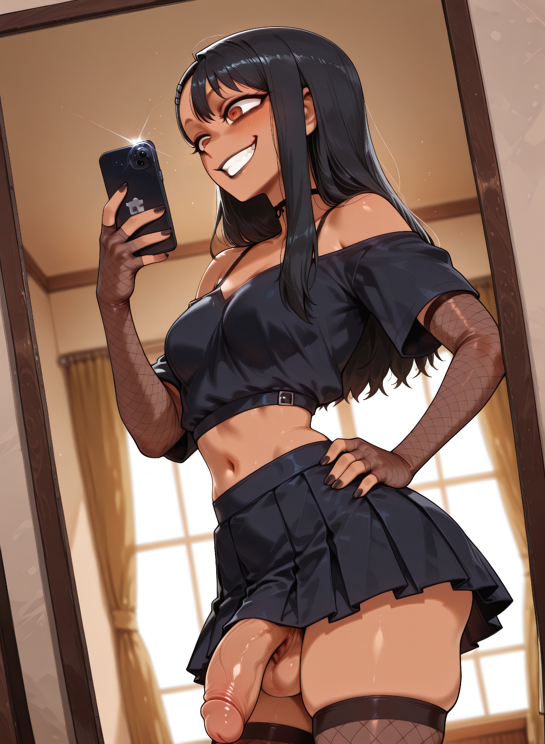 1futa, 1futanari, abs, ai generated, artist request, ass, big ass, big breasts, big butt, big hips, big penis, black eyeshadow, black hair, black lip, black lips, black lipstick, black makeup, breasts, brown eyes, brown hair, bully, bullying, cleavage, clothed, clothing, dick, eyebrows, eyelashes, futa only, futanari, goth, goth futa, goth makeup, gothic, gothified, grin, grinning, grinning at viewer, hair, hair clip, hair clips, hands-free, hayase nagatoro, huge cock, indoors, lips, long hair, looking at viewer, makeup, medium breasts, medium hair, narrow waist, narrowed eyes, navel, nose, penis, petite, please don't bully me, nagatoro, seducing, seductive, seductive eyes, seductive gaze, seductive look, seductive mouth, seductive pose, seductive smile, shirt, skirt, small breasts, small hips, smile, smile at viewer, smiley face, smirk, smooth balls, smooth penis, smooth skin, solo, solo focus, solo futa, solo futanari, tan, testicles, velfur, velfur (artist)