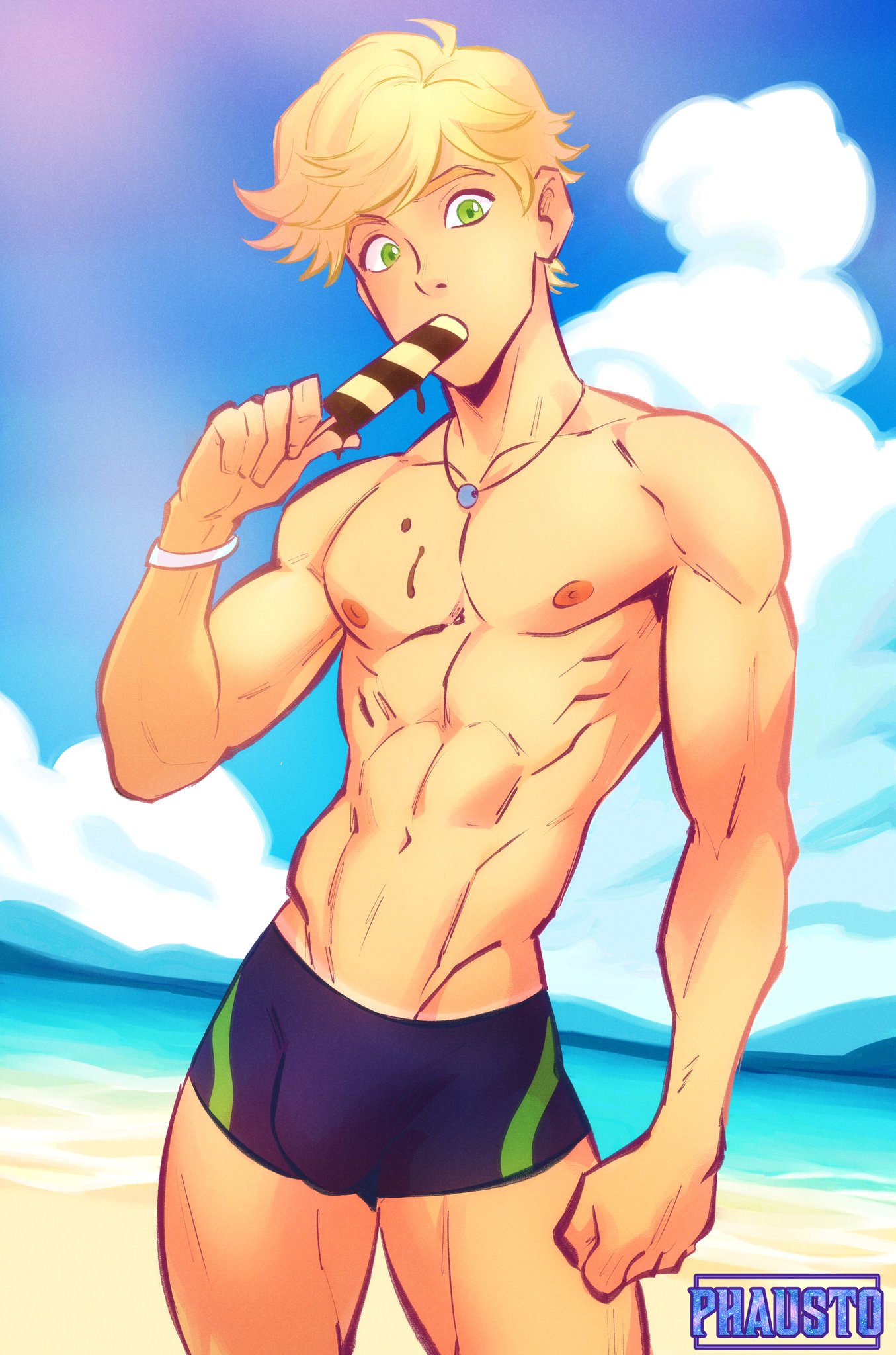 1boy, abs, adrien agreste, athletic male, beach, blonde hair, bulge, fit male, gay, gay male, green eyes, miraculous ladybug, miraculous: tales of ladybug and cat noir, necklace, nipples, only male, phausto, popsicle, seaside, short hair, solo, swimsuit, twunk, yaoi