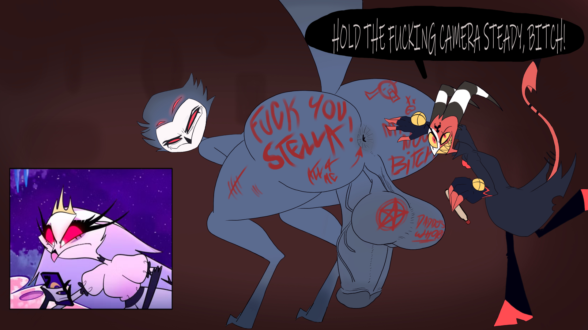 angry, anus, bent over, big ass, big balls, big penis, blitzo (helluva boss), clothing, cock-tail, demon, female, femboy, glowing eyes, helluva boss, male/male, owl, owl demon, phone, presenting hindquarters, red skin, royalty, speech bubble, stella (helluva boss), stolas (helluva boss), thick penis, wide hips, wide thighs, writing on body