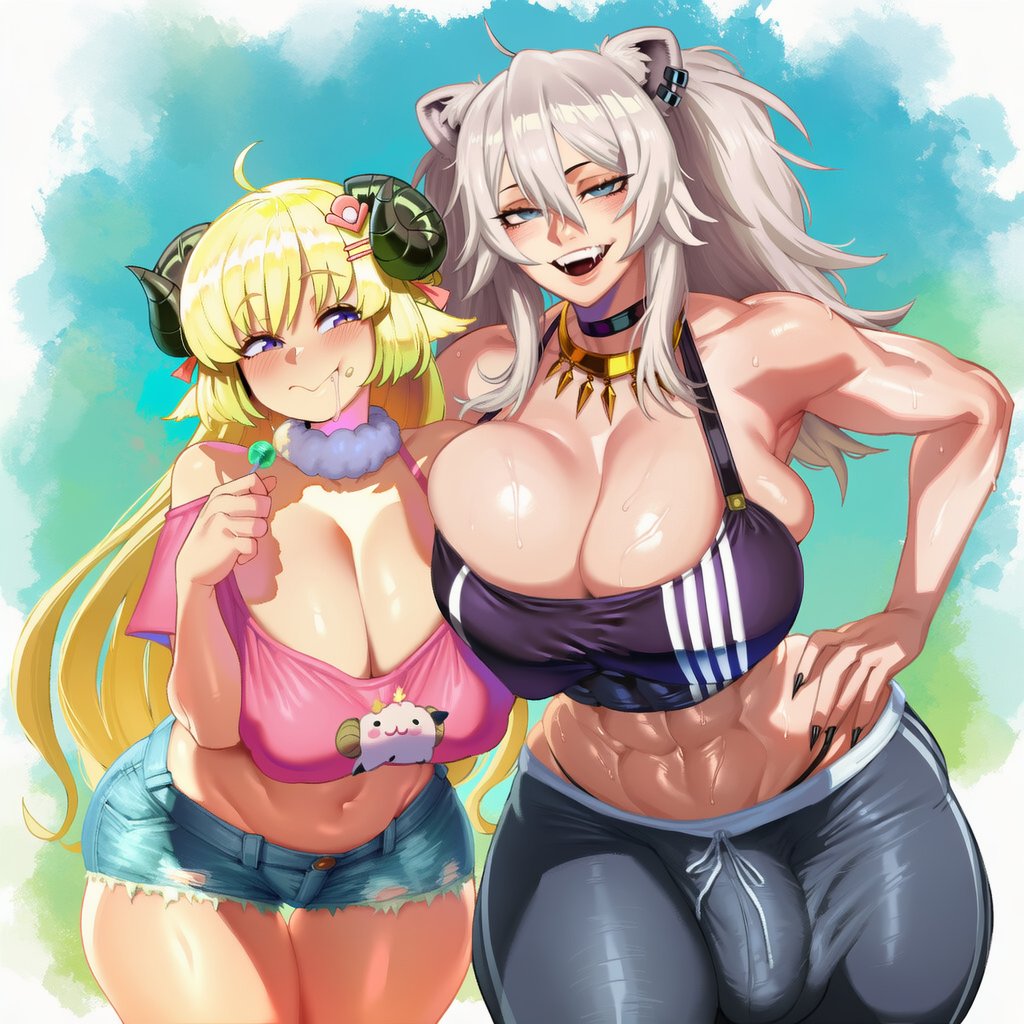 2d, ai generated, ai virelune (yi), big breasts, big penis, clothed, drooling, futa on female, futanari, hololive, hololive japan, huge breasts, muscular female, shishiro botan, tsunomaki watame, virtual youtuber