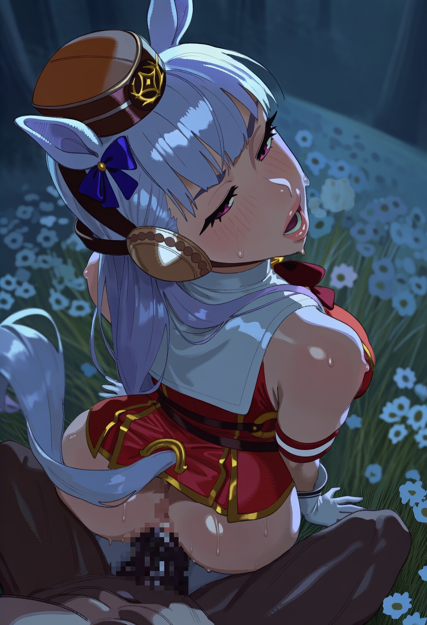ai generated, animal ears, ass, costume, ear muffs, fat ass, female, from behind, giver pov, gold ship (umamusume), horse girl, long hair, looking at viewer, looking back, looking back at partner, looking back at viewer, outfit, pink eyes, pov, pov male, ribbon in hair, sensual, shobu-fuku (umamusume), silver hair, taken from behind, umamusume, umamusume pretty derby, vaginal
