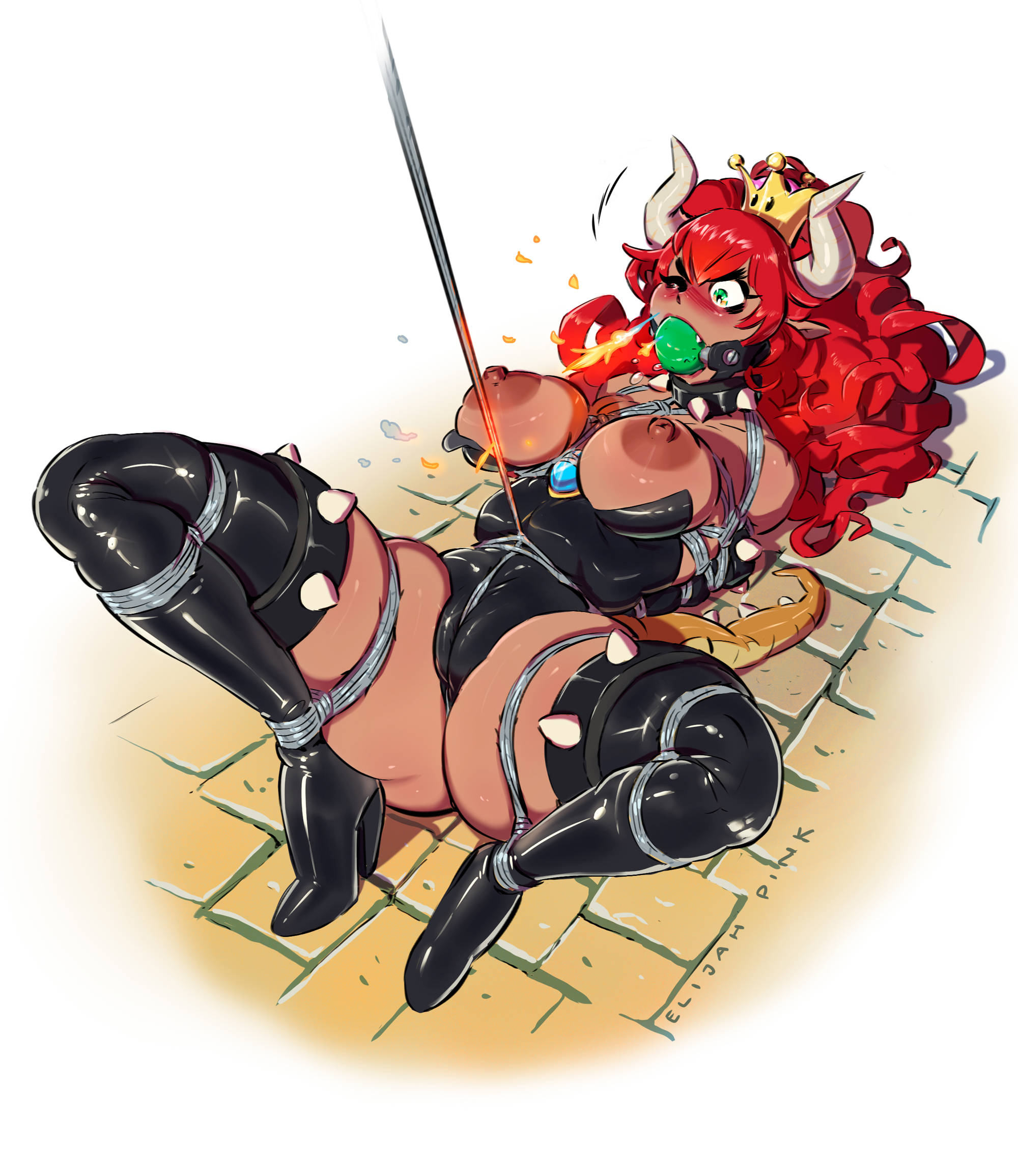 1girls, areolae, arms behind back, ball gag, big nipples, bondage, bound, bound arms, bound legs, bowsette, breasts, collar, crotch rope, dark skin, elijah pink, female, female only, gag, gagged, genderswap, green ball gag, green eyes, horn, latex, mario (series), new super mario bros. u deluxe, nintendo, nipples, red bowsette, red hair, rope, rope bondage, rule 63, spread legs, thighhighs, tied up
