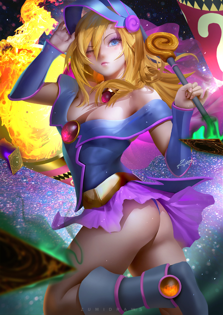1girls, ass, blonde hair, dark magician girl, female, female only, looking at viewer, looking back, solo, thong, yu-gi-oh!, zumi