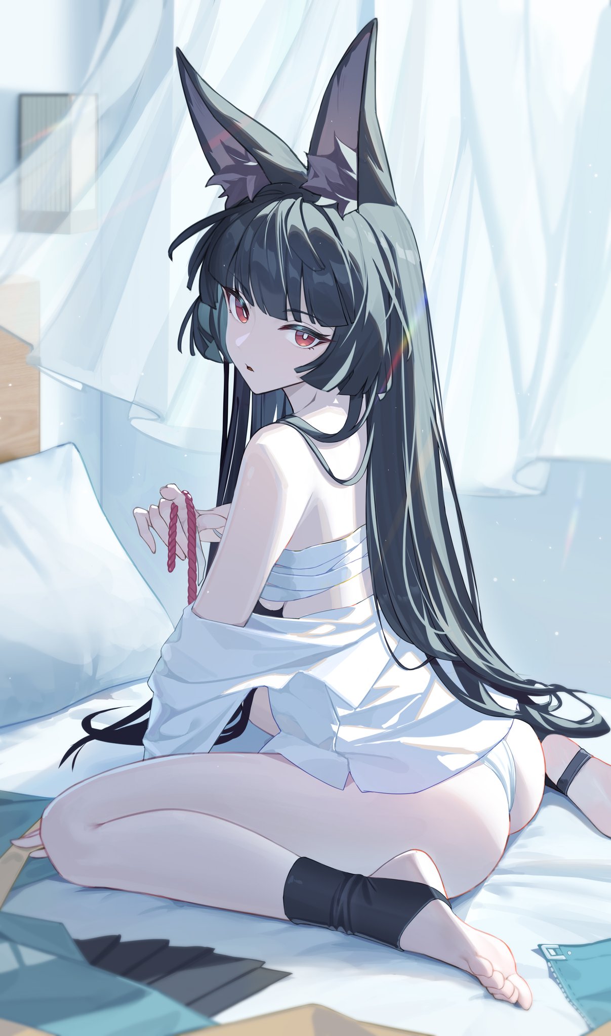 1girls, animal ears, animal humanoid, ass, black hair, breasts, female, female only, hoshimi miyabi, hoyoverse, long hair, mihoyo, on bed, red eyes, shirt only, sideboob, underwear, white shirt, white underwear, zenless zone zero