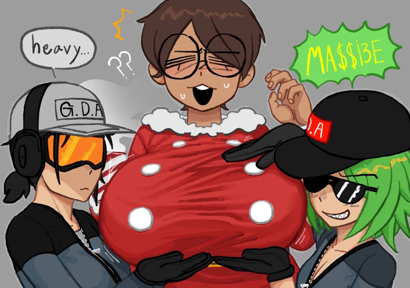 ??, 3girls, big breasts, breast focus, breasts, cap, christmas xwm turret pilot (tdx), cleavage, clothed, clothing, dialogue, english text, female, female only, gamer xmw turret pilot (tdx), goggles, heavy breasts, holding breast, open mouth, roblox, roblox game, robloxian, short hair, speech bubble, square crossover, sunglasses, sweatdrop, text, tower defense x, trophimos, visor, xwm turret pilot (tdx)