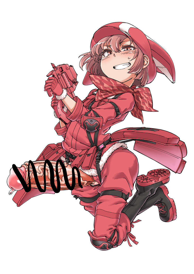 blush brown_hair bullpup censored erection full_body futanari gloves grin gun hat holding holding_gun holding_weapon huge_cock intersex jacket llenn_(sao) p90 pants penis pink_eyes pink_gloves pink_jacket pink_pants short_hair smile sturkey submachine_gun sword_art_online sword_art_online_alternative:_gun_gale_online tagme veins veiny_penis weapon