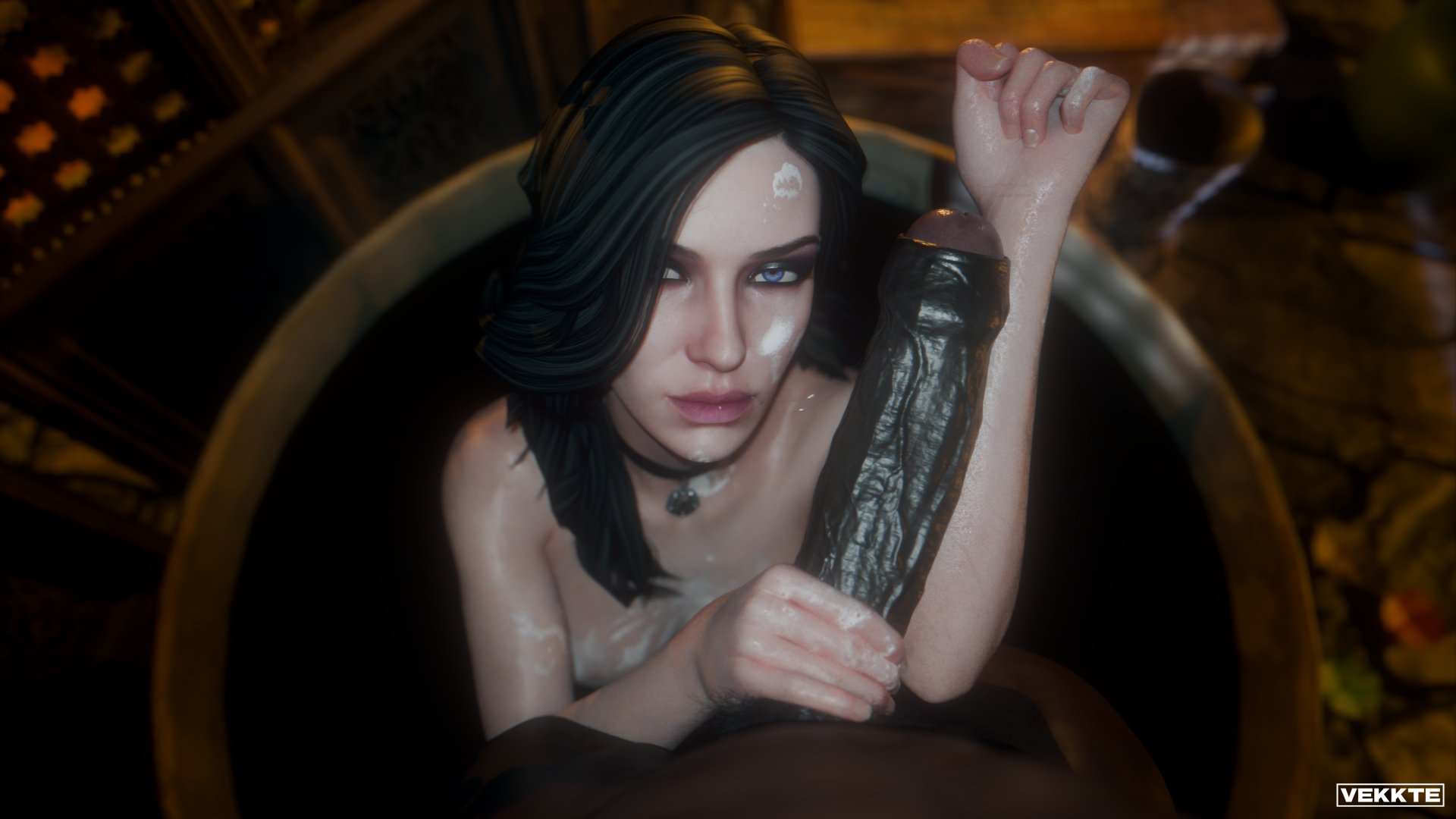 1boy, 1girls, 3d, bath, beauty mark, black eyes, black hair, blue, cd projekt red, choker, completely nude, dark skin, dark-skinned male, duo, female, forearm cock, foreskin, hand on penis, holding penis, huge cock, interracial, light skin, light-skinned female, long penis, looking at partner, looking at viewer, male, male pov, male/female, measuring penis, mole, mole under mouth, nude, pov, shampoo, size comparison, straight, the witcher (series), the witcher 3: wild hunt, uncircumcised, uncut, vekkte, violet eyes, washing, watermark, yennefer