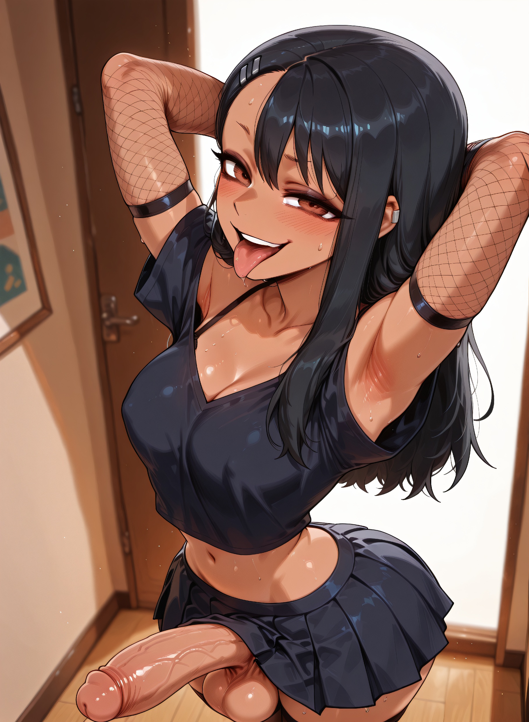 1futa, 1futanari, abs, ai generated, armpits, artist request, ass, big ass, big breasts, big butt, big hips, big penis, black eyeshadow, black hair, black lip, black lips, black lipstick, black makeup, breasts, brown eyes, brown hair, bully, bullying, cleavage, clothed, clothing, dick, eyebrows, eyelashes, futa only, futanari, goth, goth futa, goth makeup, gothic, gothified, grin, grinning, grinning at viewer, hair, hair clip, hair clips, hands-free, hayase nagatoro, huge cock, indoors, lips, long hair, looking at viewer, makeup, medium breasts, medium hair, narrow waist, narrowed eyes, navel, nose, penis, petite, please don't bully me, nagatoro, seducing, seductive, seductive eyes, seductive gaze, seductive look, seductive mouth, seductive pose, seductive smile, shirt, skirt, small breasts, small hips, smile, smile at viewer, smiley face, smirk, smooth balls, smooth penis, smooth skin, solo, solo focus, solo futa, solo futanari, tan, testicles, velfur, velfur (artist)