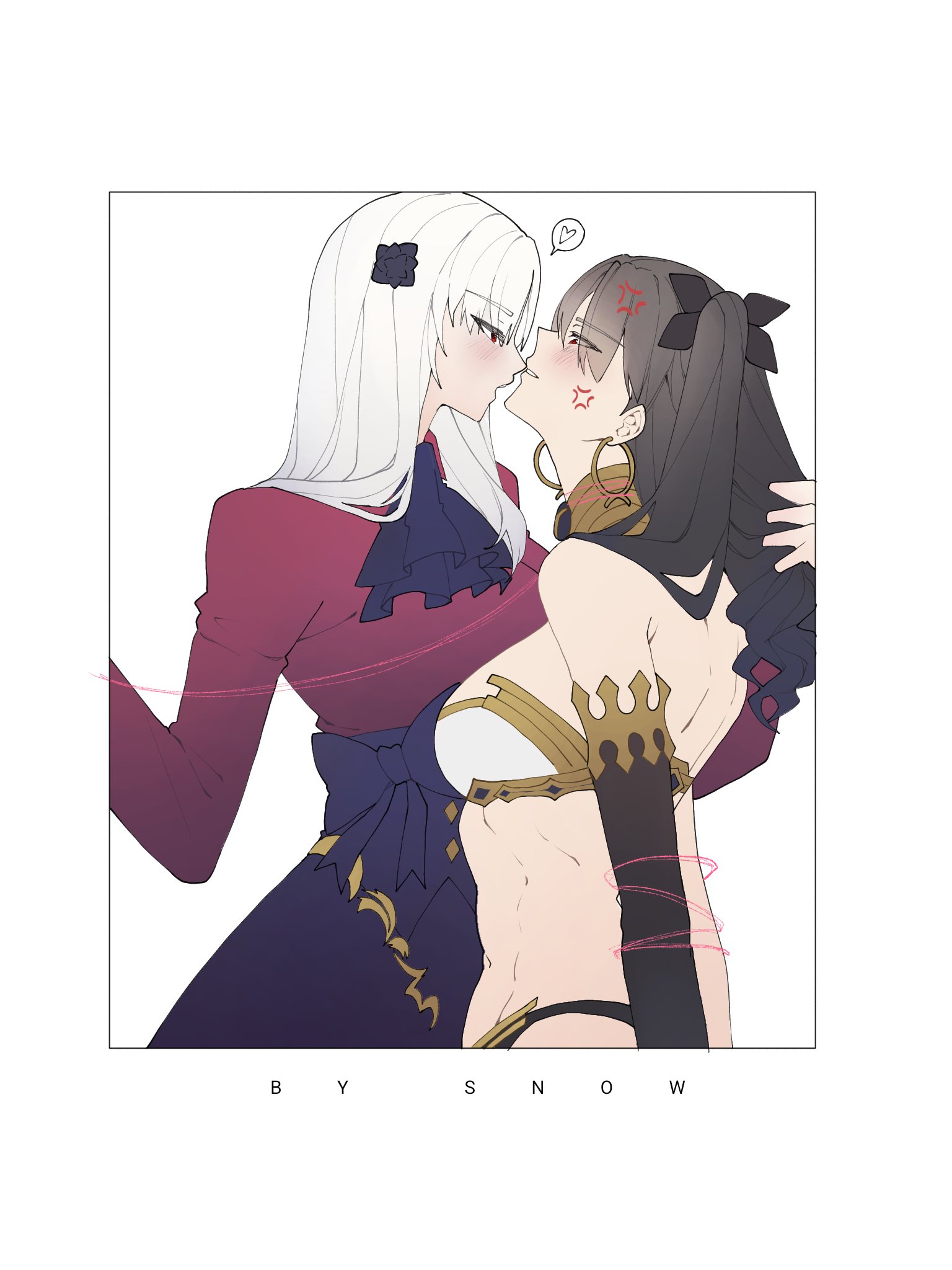 2girls, almost kissing, black hair, earrings, fate (series), fate/grand order, fate/strange fake, goddess, half naked, ishtar (fate), ishtar (fate/strange fake), light skin, light-skinned female, n asu mi, philia, revealing clothes, selfcest, simple background, teasing, toned, toned female, twintails, white background, white hair, yuri