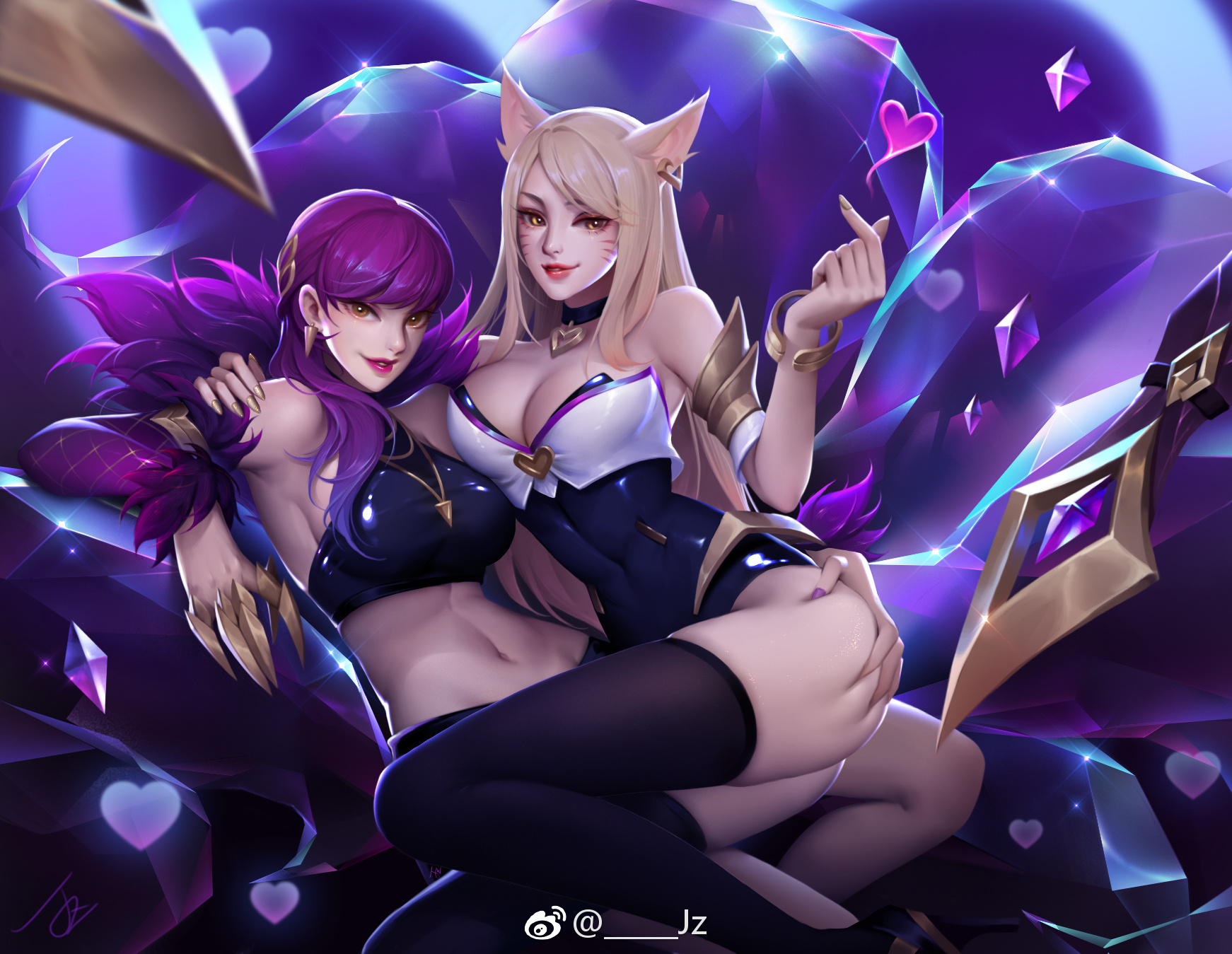 ahri, alternate costume, ass, ass grab, breasts, cleavage, evelynn, female, female only, grabbing, heart, idol, jzeo, k/da ahri, k/da evelynn, k/da series, league of legends, lipstick, midriff, sitting on lap, smile, thighhighs, yuri