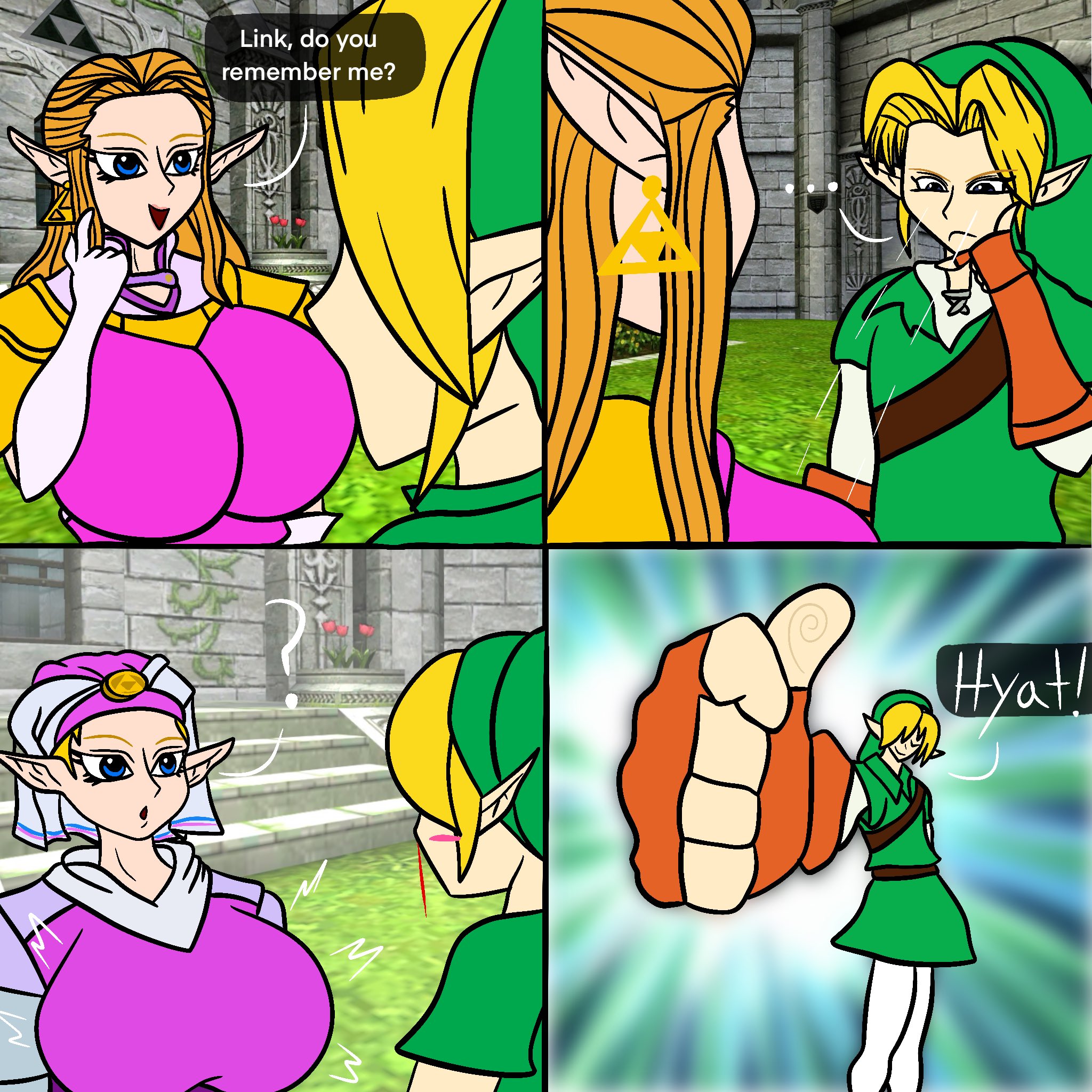1boy, 1girls, 4 panel comic, big breasts, blue eyes, breast focus, breasts, caught staring, curvydoodles, dress, flashback, full breasts, funny, heavy breasts, huge breasts, humor, hylian, hyper, hyper breasts, large breasts, link, link (ocarina of time), ocarina of time, pointy ears, princess zelda, royalty, staring at breasts, text, the legend of zelda, triforce, voluptuous, well endowed, young zelda, zelda (ocarina of time)