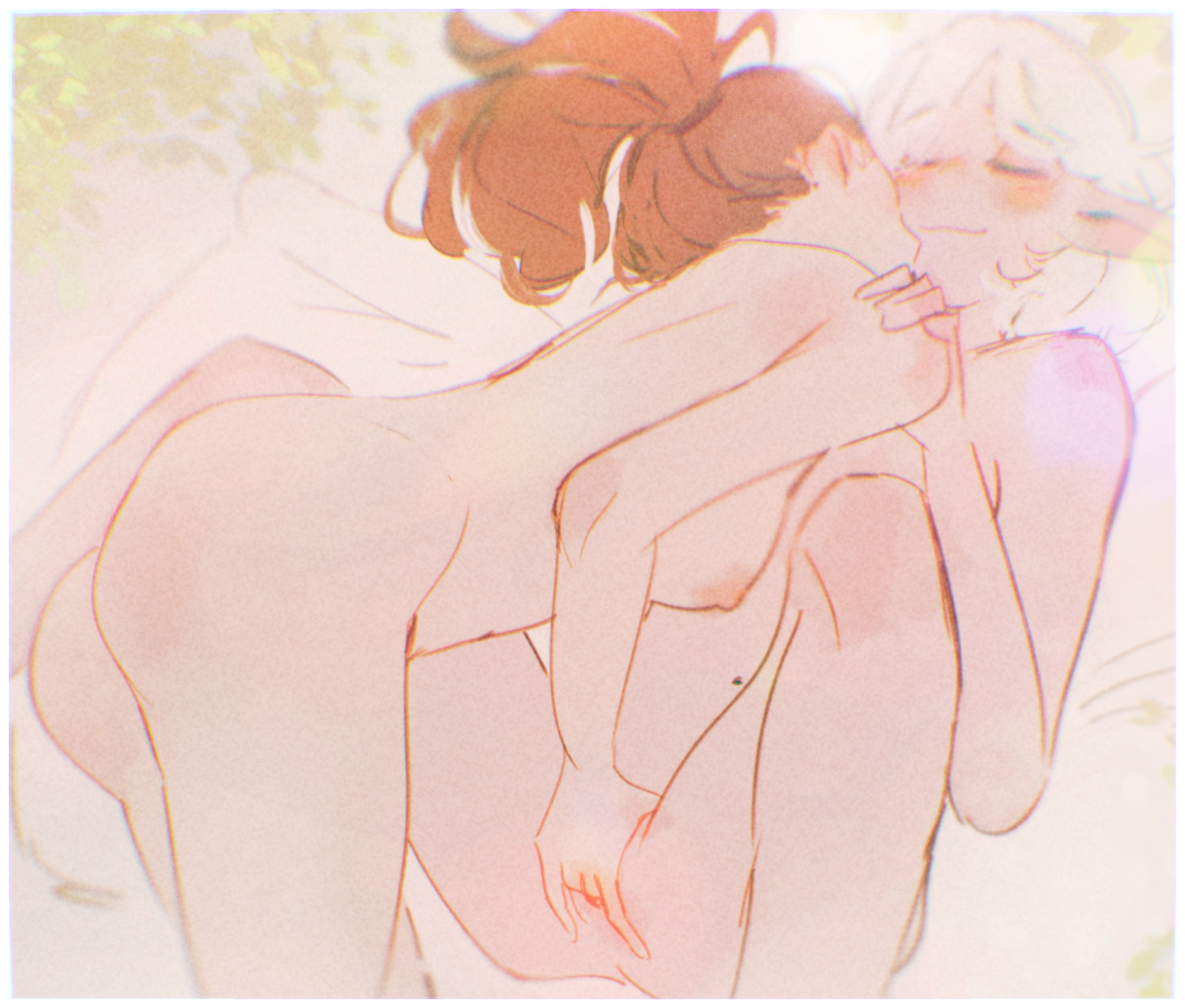 2girls, asimov (spindle (aidenr0)), blush, brown hair, fingering, fingering partner, fingering pussy, ottilie (spindle (aidenr0)), spindle (aidenr0), white hair, yuri