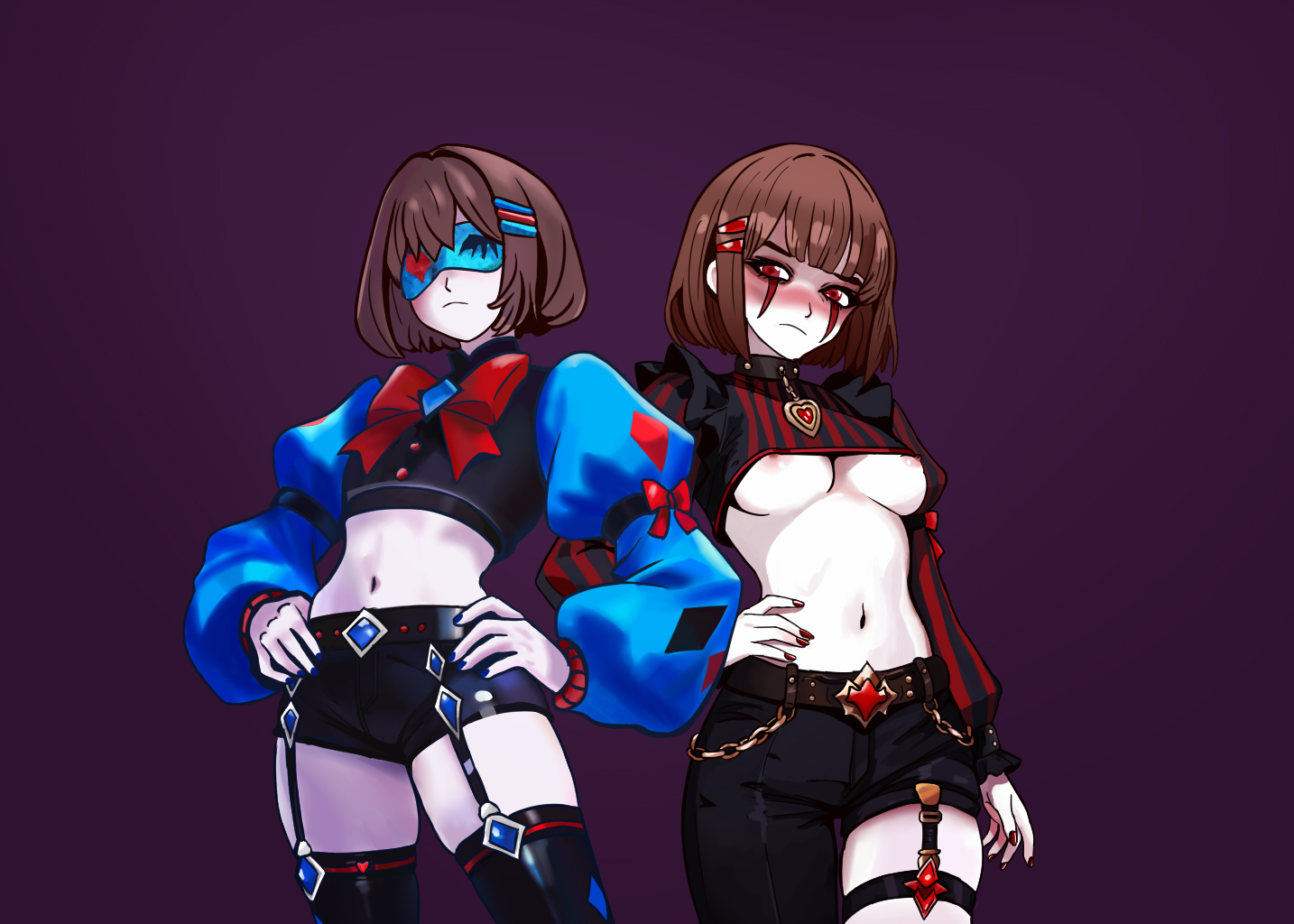 2girls, annoyed, artlongon, belt, black crop top, black shorts, black thighhighs, blue crop top, blush, brown hair, chains, chara, chara (undertale), choker, cleavage, crop top, detached sleeves, diamond accessories, duo, female, female chara, female frisk, female only, frisk, frisk (undertale), frown, garter belt, heart choker, looking at viewer, mask, masked, masked female, midriff, navel, pout, puffy sleeves, red bow, red eyes, short hair, shorts, standing, thighhighs, undertale, visible nipples