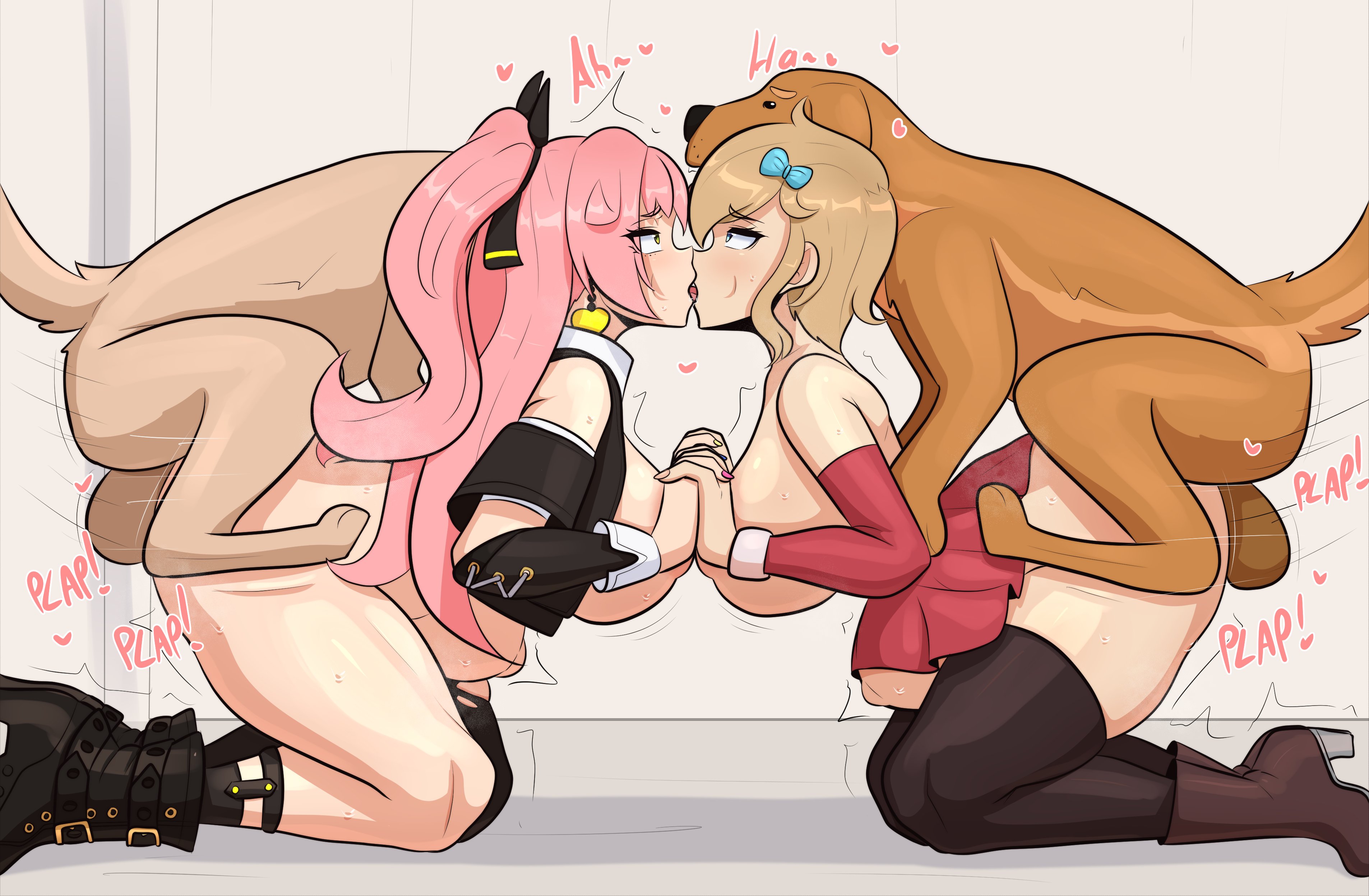 2animals, 2boys, 2girls, animal genitalia, animal penis, blonde hair, dog, domestic dog, feral, feral on female, feral on human, feral penetrating, hoyoverse, kinathefox, kissing, kissing while penetrated, light skin, light-skinned female, long hair, mihoyo, mihoyo technology (shanghai) co. ltd., nicole demara, original character, pink hair, sex, side view, straight, zenless zone zero, zoophilia