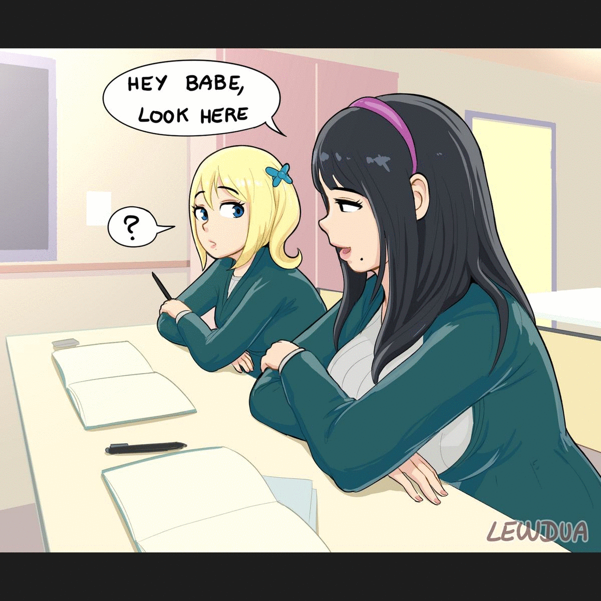alison (lewdua), animated, ass, balls, blonde hair, blush, breasts, classroom, cleavage, clothing, cum, cumshot, dickgirl, erection, foreskin, from behind, futa on futa, futa only, futanari, huge cock, intersex, lactation, lactation through clothes, lewdua, masturbation, mole, mole under mouth, nessie (lewdua), original, penis, public, school, school uniform, sex, skirt, slideshow, speech bubble, testicles, text, uncircumcised, uncut