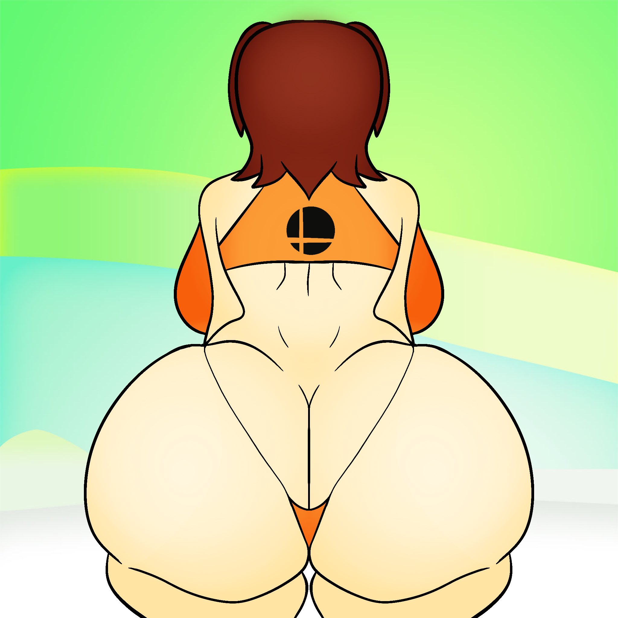 1girls, ass, ass cleavage, ass crack, ass focus, back boob, back view, backboob, big ass, bikini, bikini bottom, breasts, breasts bigger than head, butt crack, curvydoodles, female, female only, fully clothed, green background, huge ass, huge breasts, light skin, light-skinned female, mii, mii gunner, mii gunner (smash 4), nintendo, no sex, orange bikini bottom, orange topwear, skin folds, skindentation, small clothes, smash logo, solo, solo female, standing, string panties, super smash bros., super smash bros. for nintendo 3ds and wii u, thick thighs, thigh gap, thighs bigger than head, thong, thong panties, y shaped butt crack