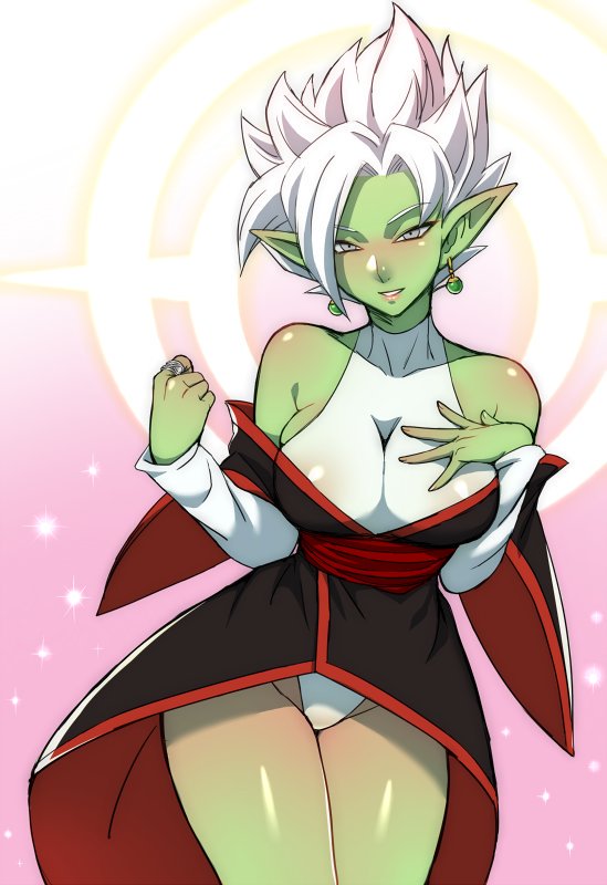 1girls breasts busty cleavage core_person deity dragon_ball dragon_ball_super female female_zamasu fused_zamasu goddess green_skin pointy_ears potara_earrings potara_fusion rule_63 solo spiky_hair time_ring voluptuous white_hair zamasu