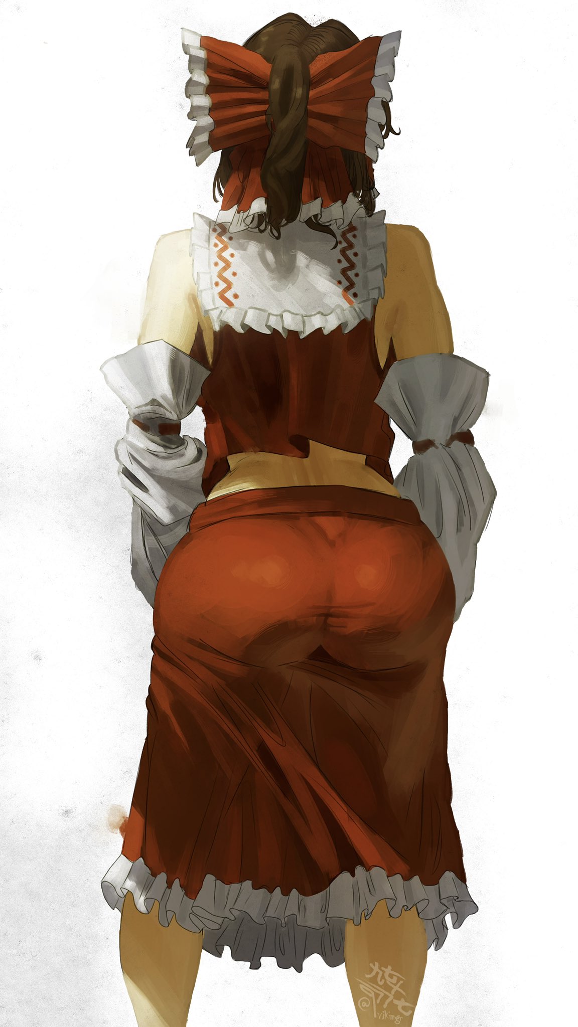 1girls, armwear, ass, ass bigger than head, ass cleavage, ass focus, back view, bare shoulders, brown hair, bubble ass, bubble butt, butt focus, curvaceous, curvy, curvy figure, dress, female, female only, firm ass, frilled dress, frilled sleeves, hakurei reimu, huge ass, light skin, light-skinned female, midriff, qvikingr, rear view, reimu hakurei, ribbon, ribbon in hair, sfw, shrine maiden, sleeveless, solo, solo female, standing, thin waist, touhou, wide hips