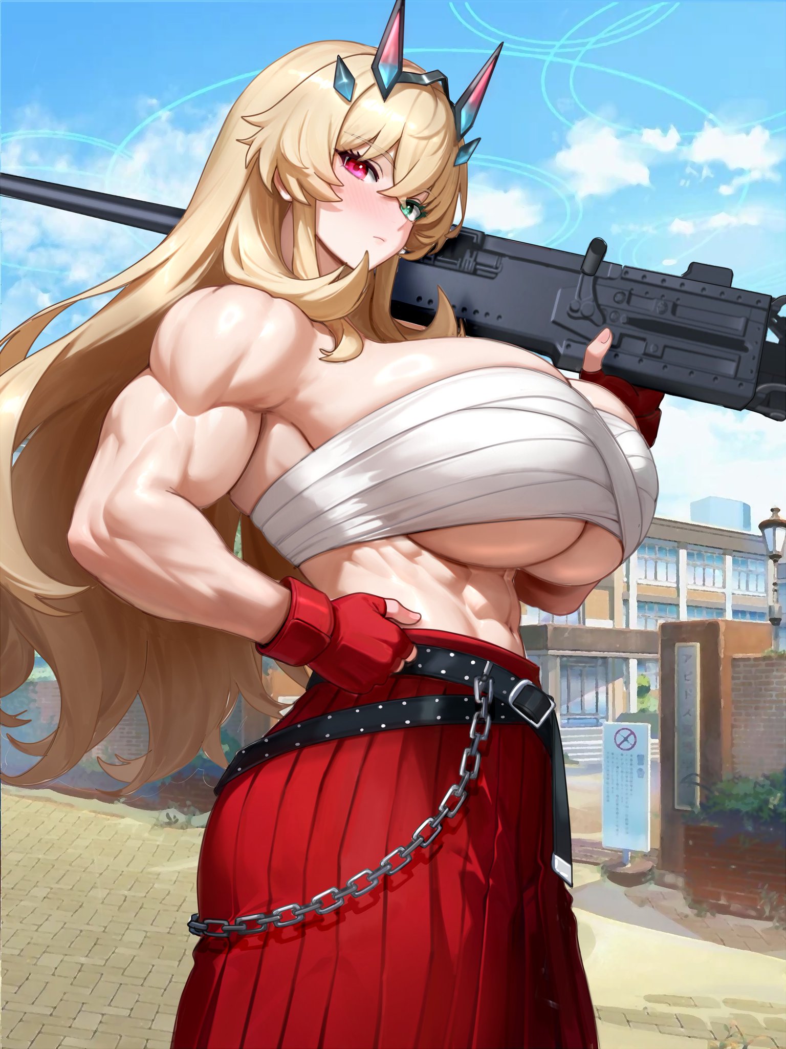 1girls, 3:4, abs, absurd res, akemi (blue archive), akemi (blue archive) (cosplay), bare shoulders, barghest (gawain) (fate), belt, biceps, big breasts, blonde hair, blue archive, blue eyes, blue sky, blush, breasts, chains, chest sarashi, cleavage, cosplay, fate (series), fate/grand order, female, female only, fingerless gloves, gloves, gun, heterochromia, highres, horns, huge breasts, large breasts, long hair, long skirt, m2 browning, machine gun, magenta eyes, muscular, muscular female, raskasar, sarashi, solo, solo female, thick thighs, thighs, weapon