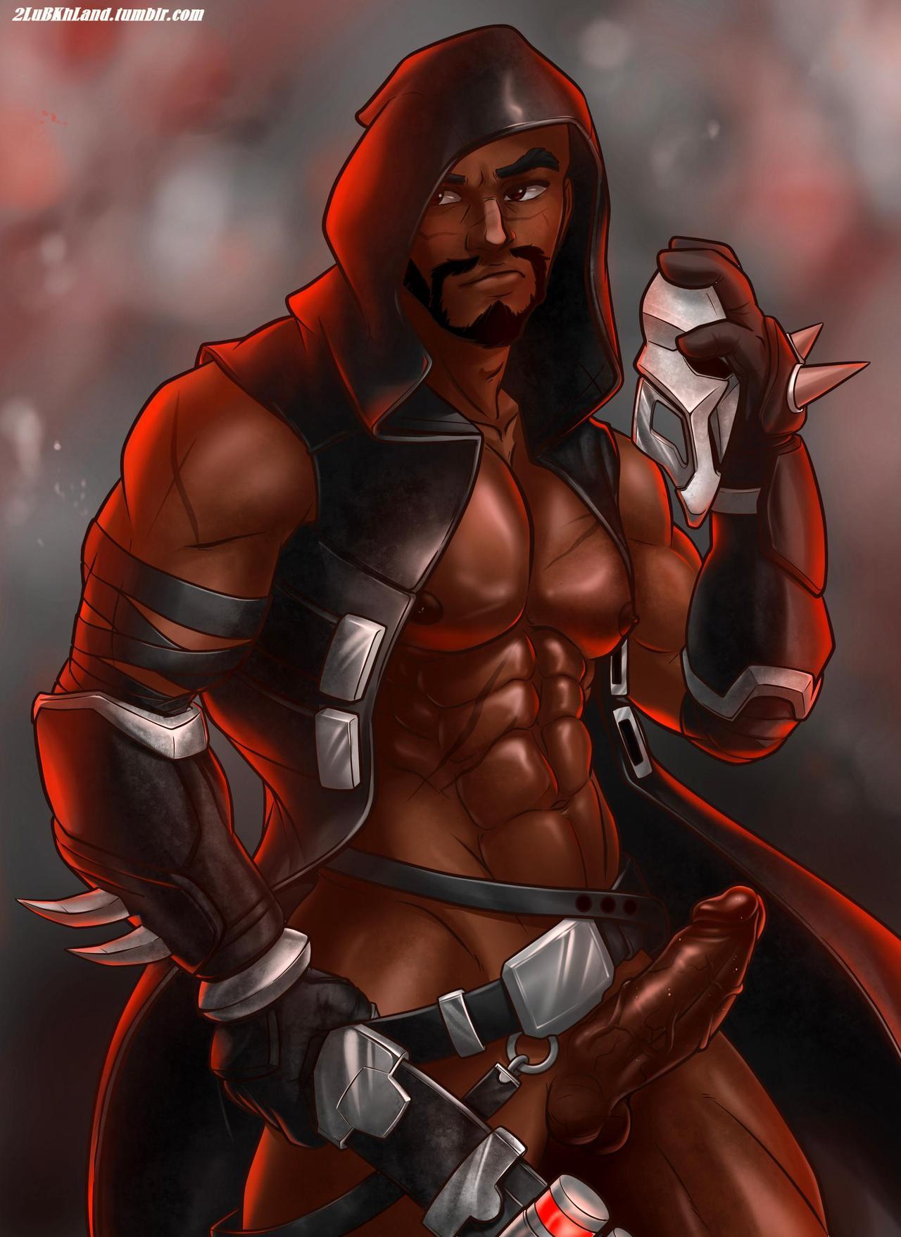 1boy 2lubkhland abs bara dark_skin hoodie male_only muscles nipples overwatch overwatch_2 penis reaper