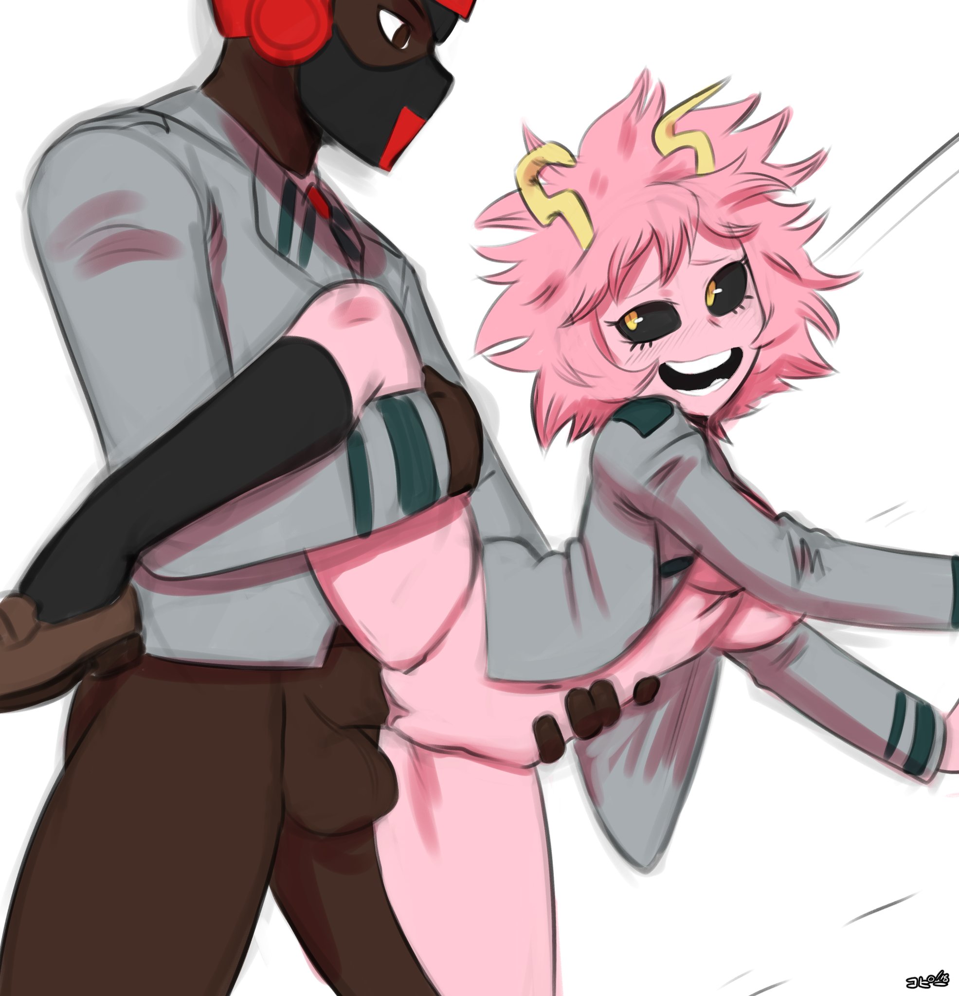 1boy, 1girls, dark skin, dark-skinned male, duo, female, grab, horns, interracial, male, mina ashido, my hero academia, penis, pink hair, pink skin, pussy, school uniform, schoolgirl, sex, simple background, smile, socks, straight, teenager, thehumancopier, u.a. school uniform, vaginal, vaginal penetration, yellow eyes