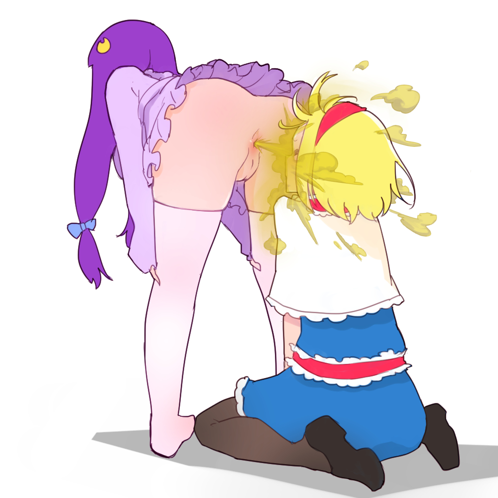 13o, 2girls, alice margatroid, anus, ass, bare ass, bent over, blonde hair, facefart, fart, female, female only, multiple females, multiple girls, patchouli knowledge, purple hair, pussy, skirt lift, thighhighs, touhou, upskirt, yuri